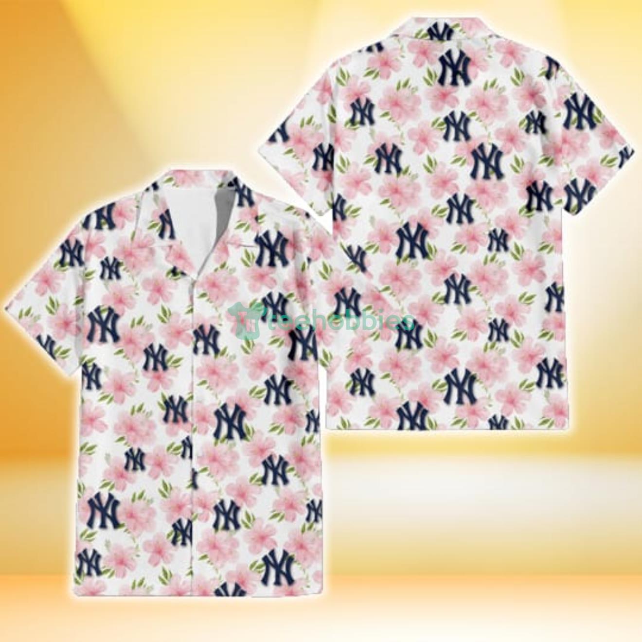 New York Yankees Light Pink Hibiscus White Background 3D Hawaiian Shirt Gift For Fans Product Photo 1