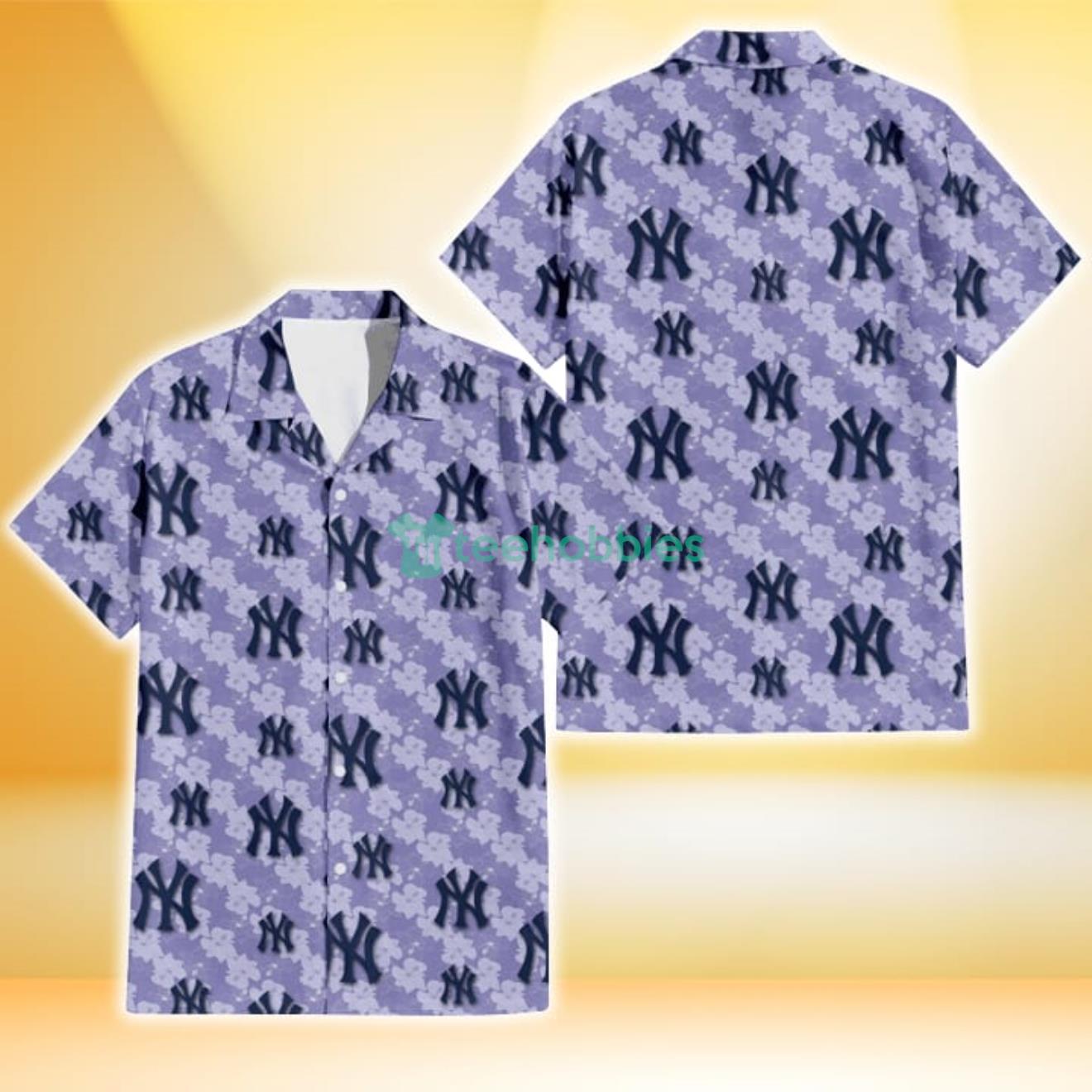 New York Yankees Light Purple Hibiscus Pattern Stripe Powder Purple 3D Hawaiian Shirt Gift For Fans Product Photo 1