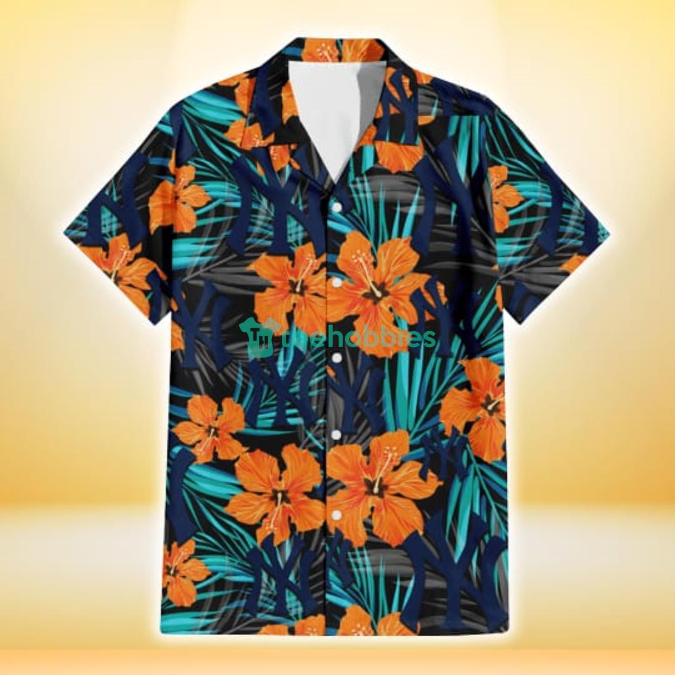 New York Yankees Orange Hibiscus Blue Gray Leaf Black Background 3D Hawaiian Shirt Gift For Fans Product Photo 2