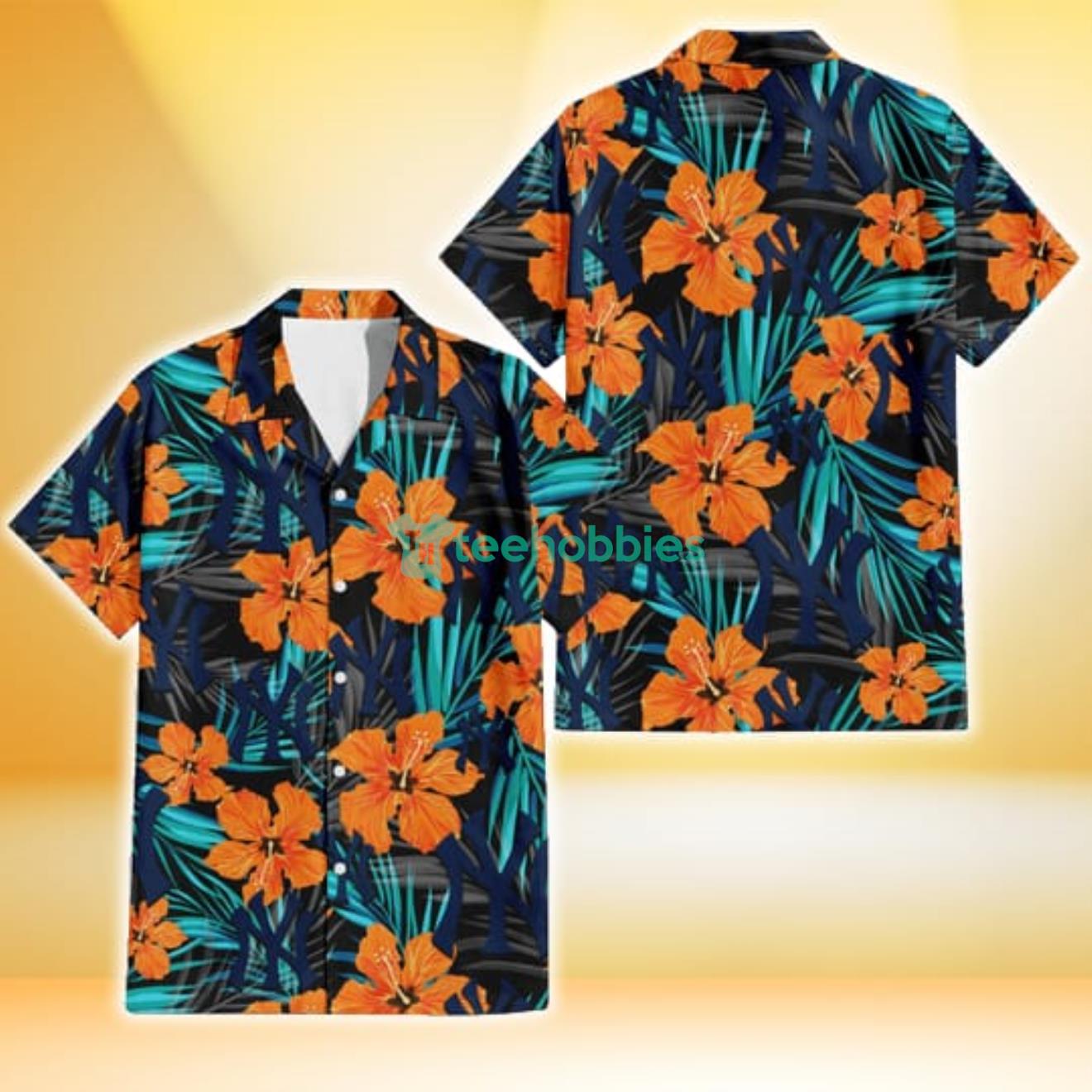 New York Yankees Orange Hibiscus Blue Gray Leaf Black Background 3D Hawaiian Shirt Gift For Fans Product Photo 1