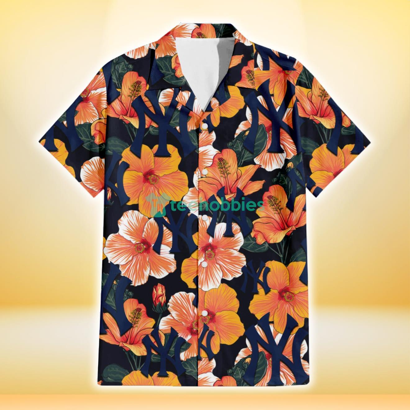 New York Yankees Orange Hibiscus Dark Green Leaf Black Background 3D Hawaiian Shirt Gift For Fans Product Photo 2