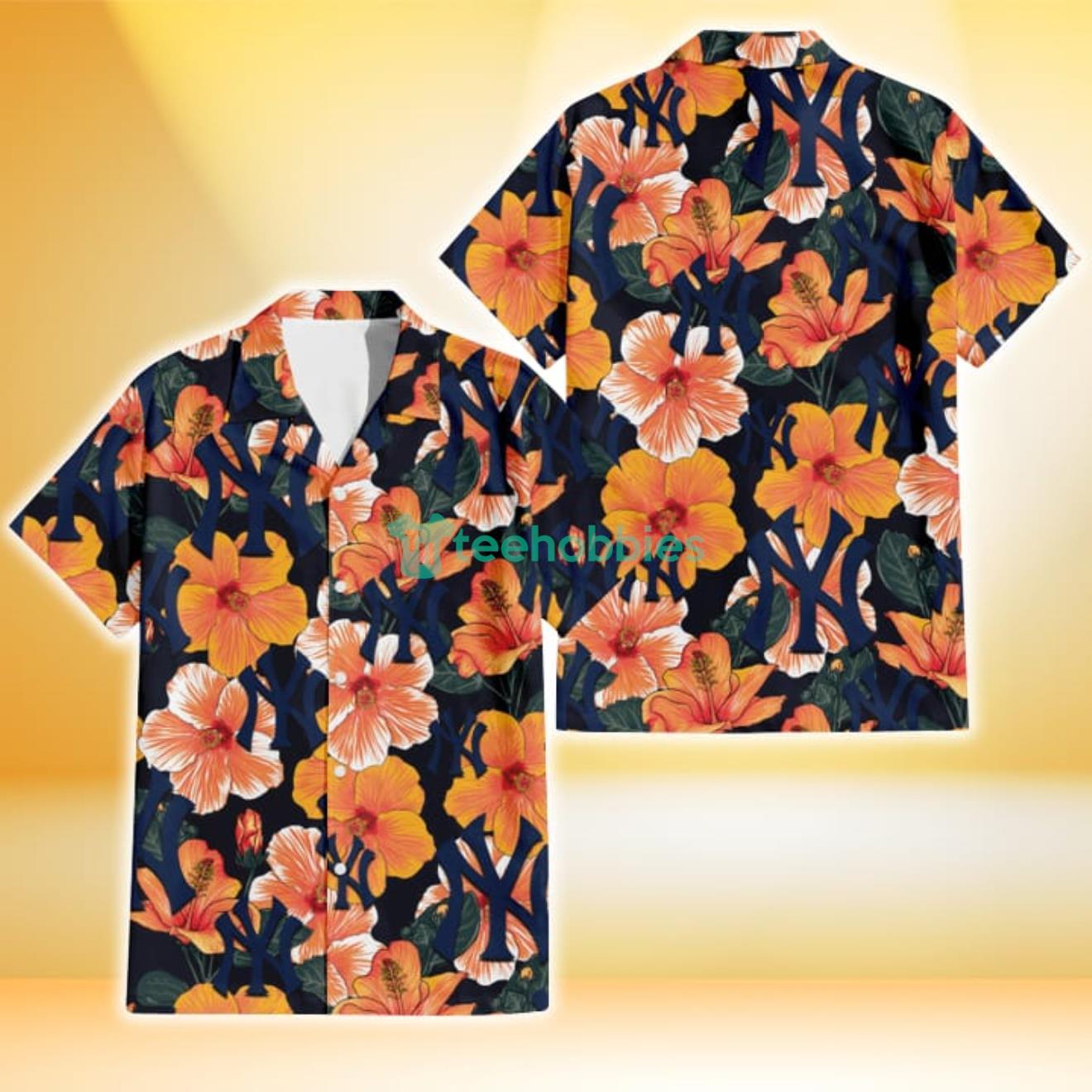 New York Yankees Orange Hibiscus Dark Green Leaf Black Background 3D Hawaiian Shirt Gift For Fans Product Photo 1