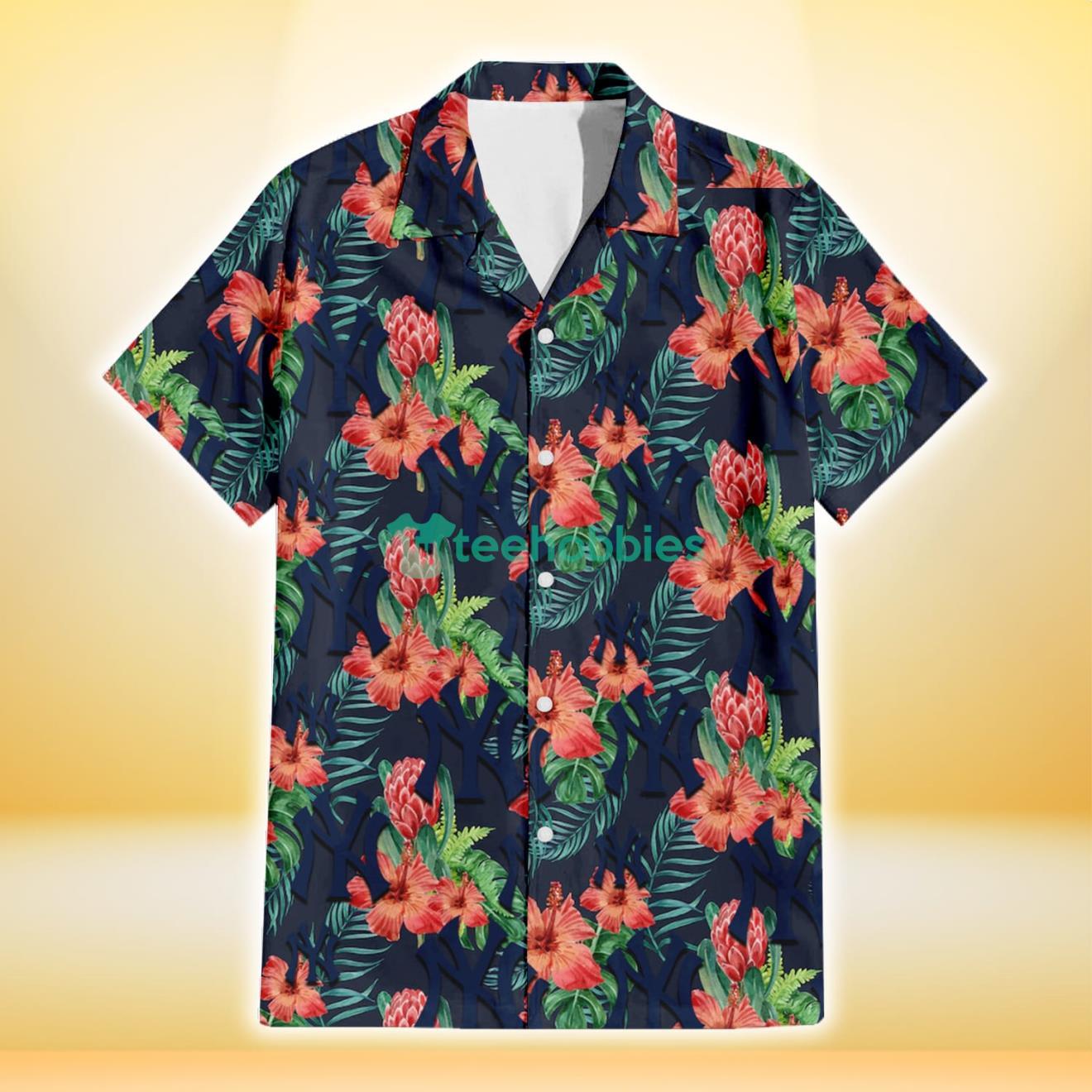 New York Yankees Orange Hibiscus Green Tropical Leaf Dark Background 3D Hawaiian Shirt Gift For Fans Product Photo 2