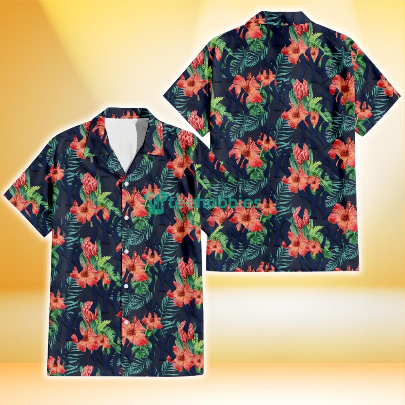 New York Yankees Orange Hibiscus Green Tropical Leaf Dark Background 3D Hawaiian Shirt Gift For Fans Product Photo 1