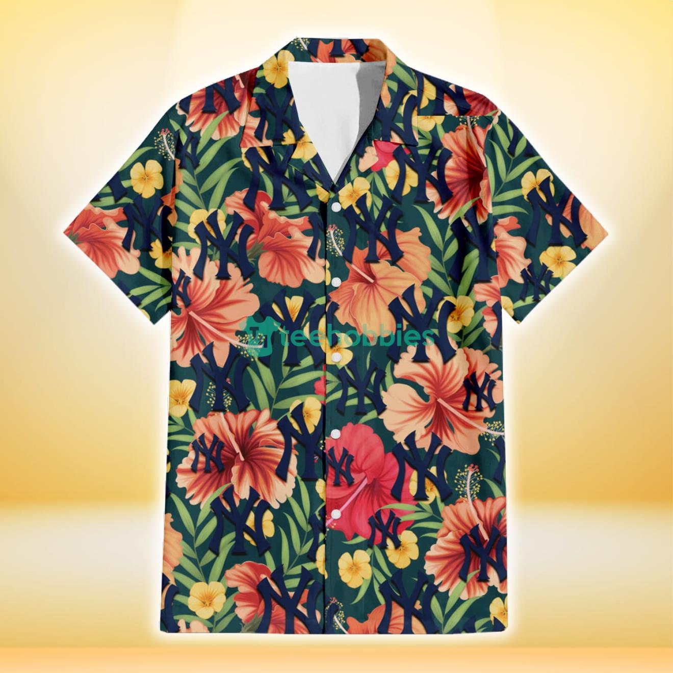New York Yankees Orange Red Hibiscus Green Leaf Dark Background 3D Hawaiian Shirt Gift For Fans Product Photo 2