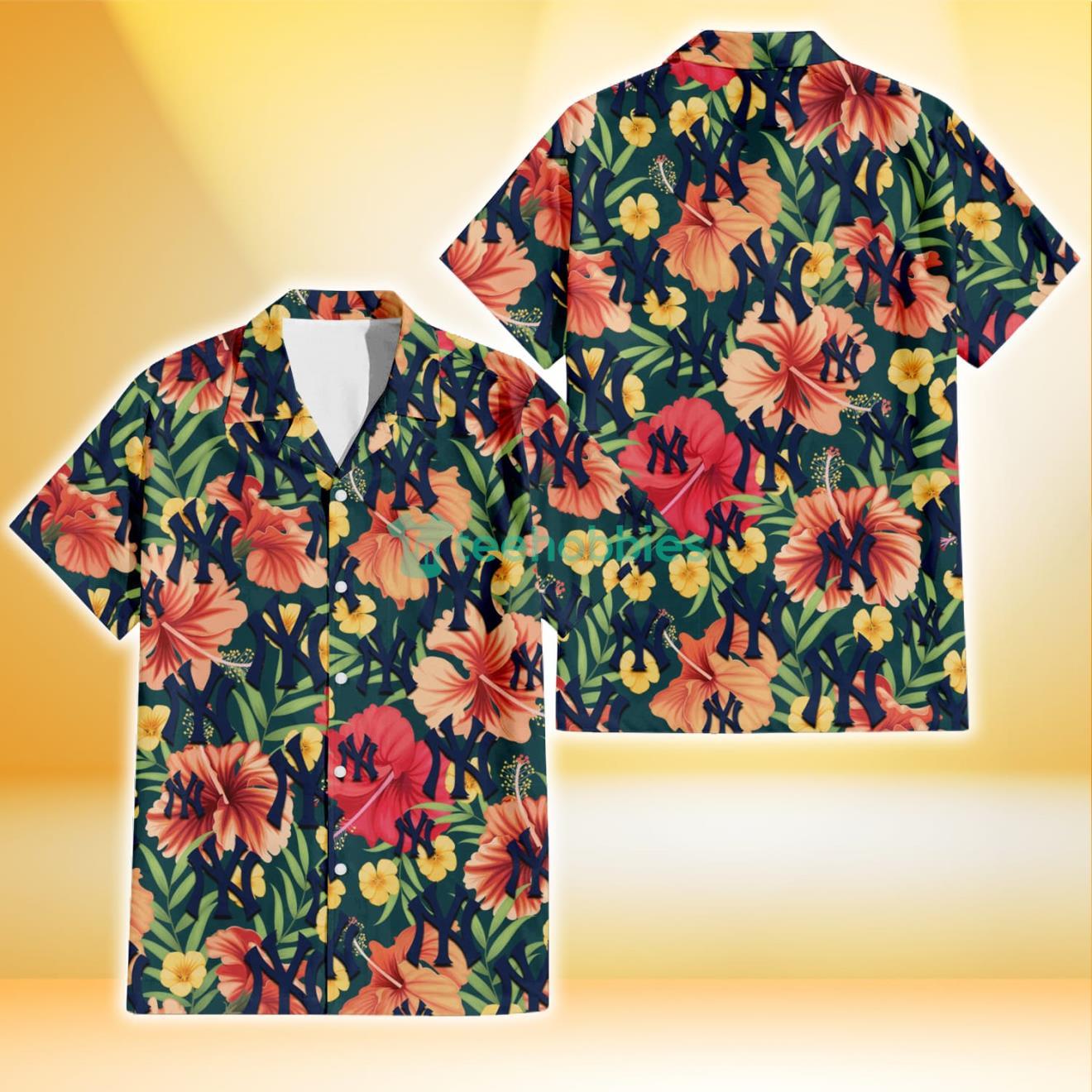 New York Yankees Orange Red Hibiscus Green Leaf Dark Background 3D Hawaiian Shirt Gift For Fans Product Photo 1