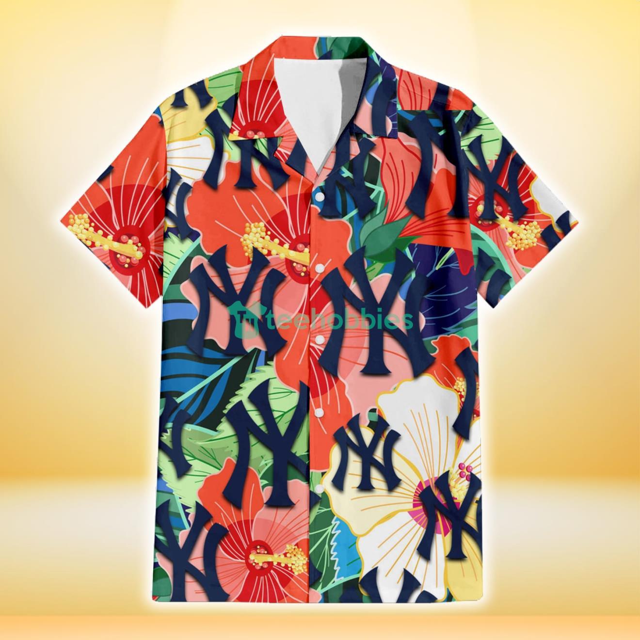 New York Yankees Orange White Tropical Hibiscus Green Leaf 3D Hawaiian Shirt Gift For Fans Product Photo 2