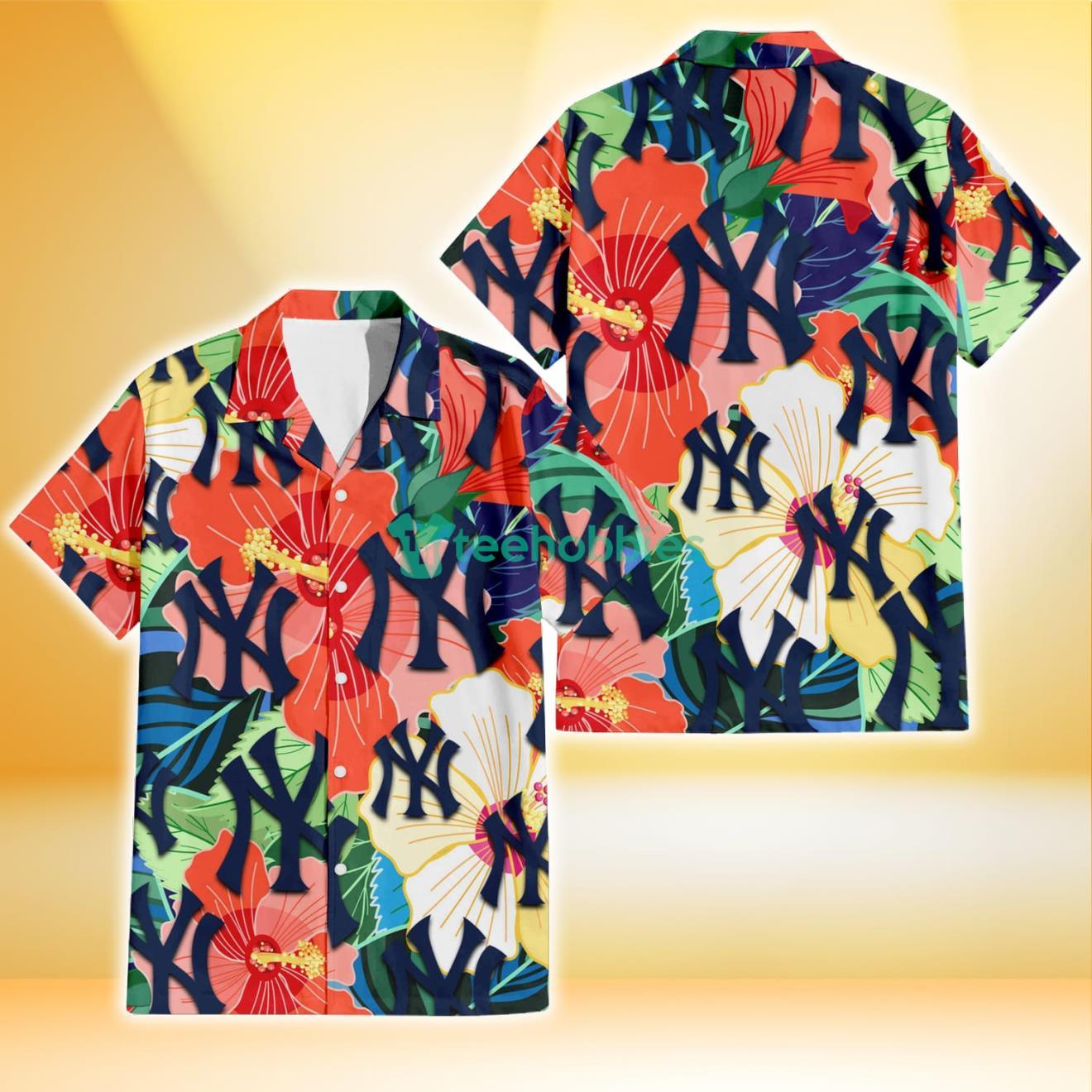 New York Yankees Orange White Tropical Hibiscus Green Leaf 3D Hawaiian Shirt Gift For Fans Product Photo 1