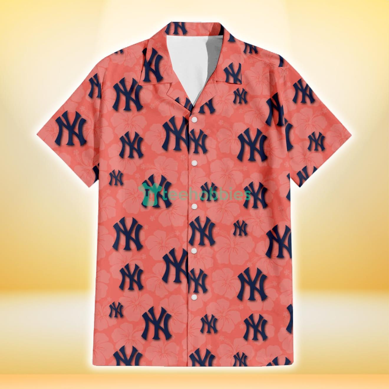 New York Yankees Peach Puff Hibiscus Tomato Orange Background 3D Hawaiian Shirt Gift For Fans Product Photo 2