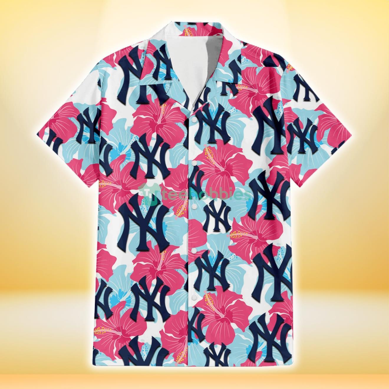 New York Yankees Pink Blue Hibiscus White Background 3D Hawaiian Shirt Gift For Fans Product Photo 2