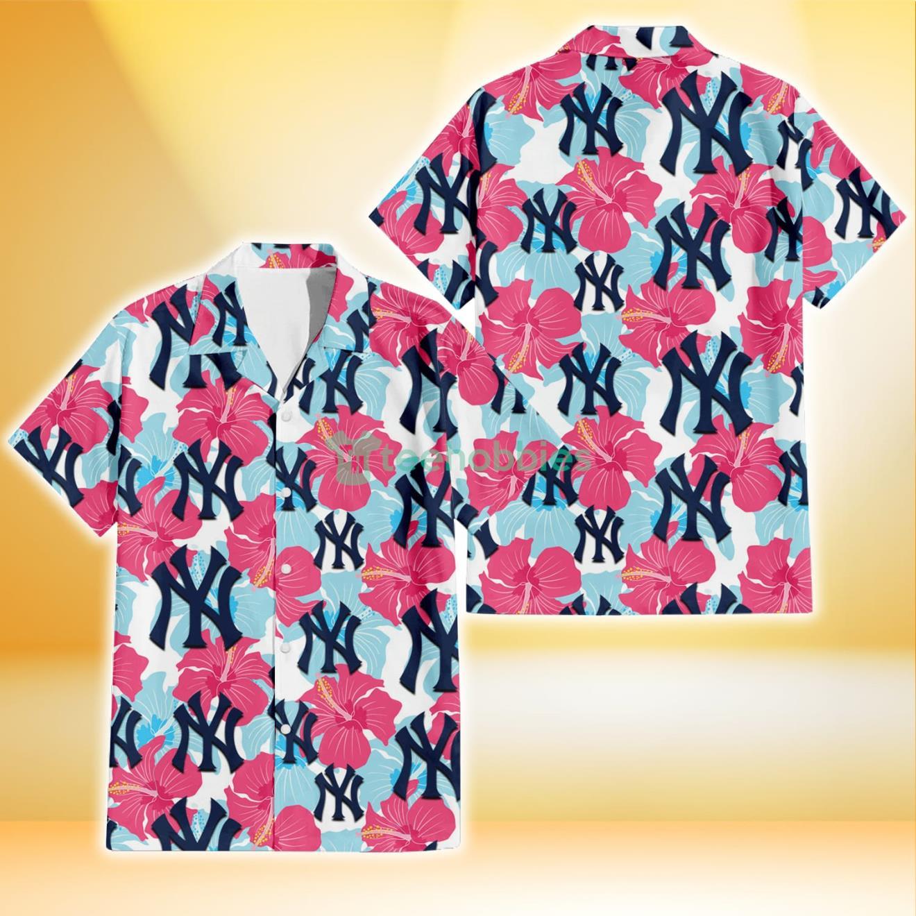 New York Yankees Pink Blue Hibiscus White Background 3D Hawaiian Shirt Gift For Fans Product Photo 1