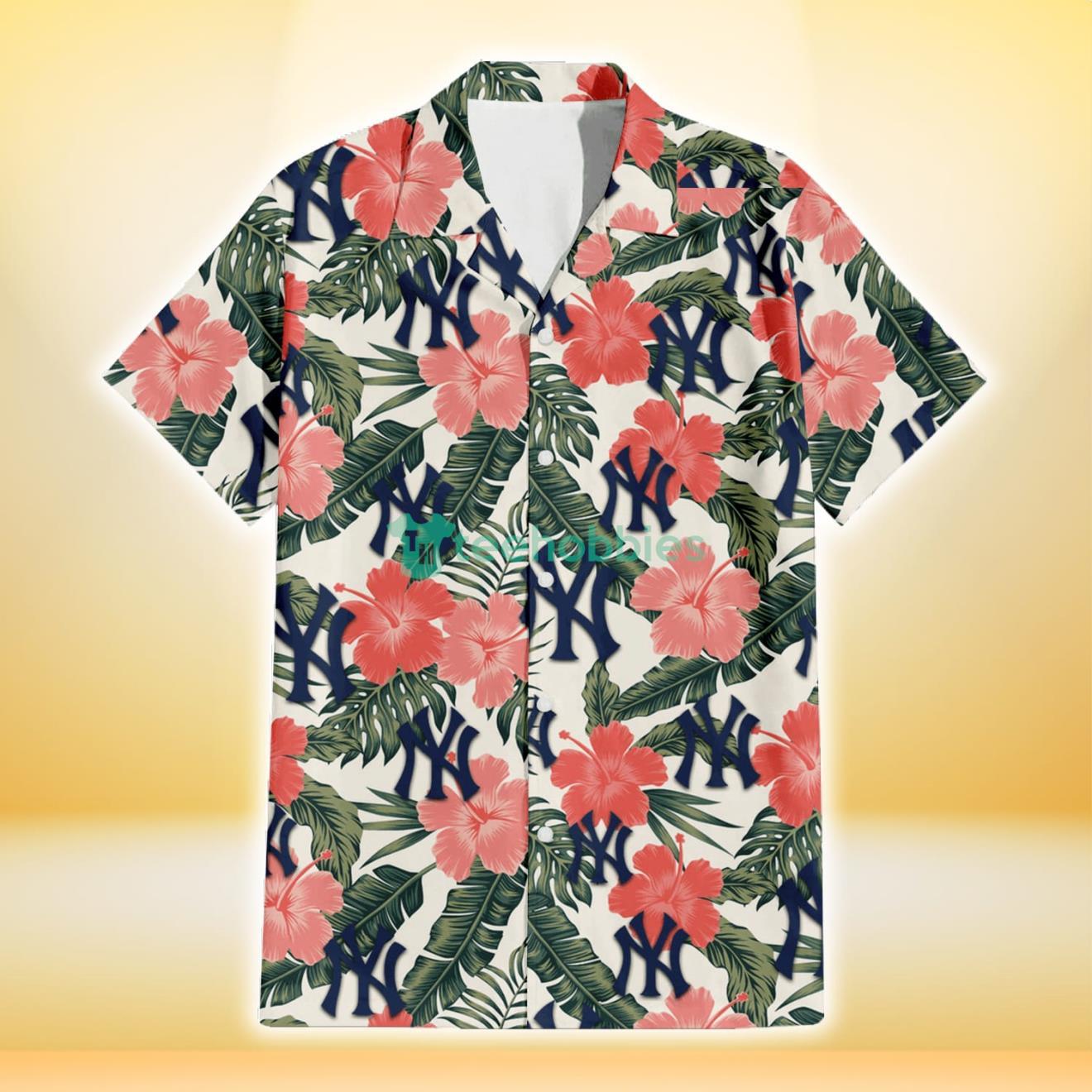 New York Yankees Pink Coral Hibiscus Banana Leaf Beige Background 3D Hawaiian Shirt Gift For Fans Product Photo 2