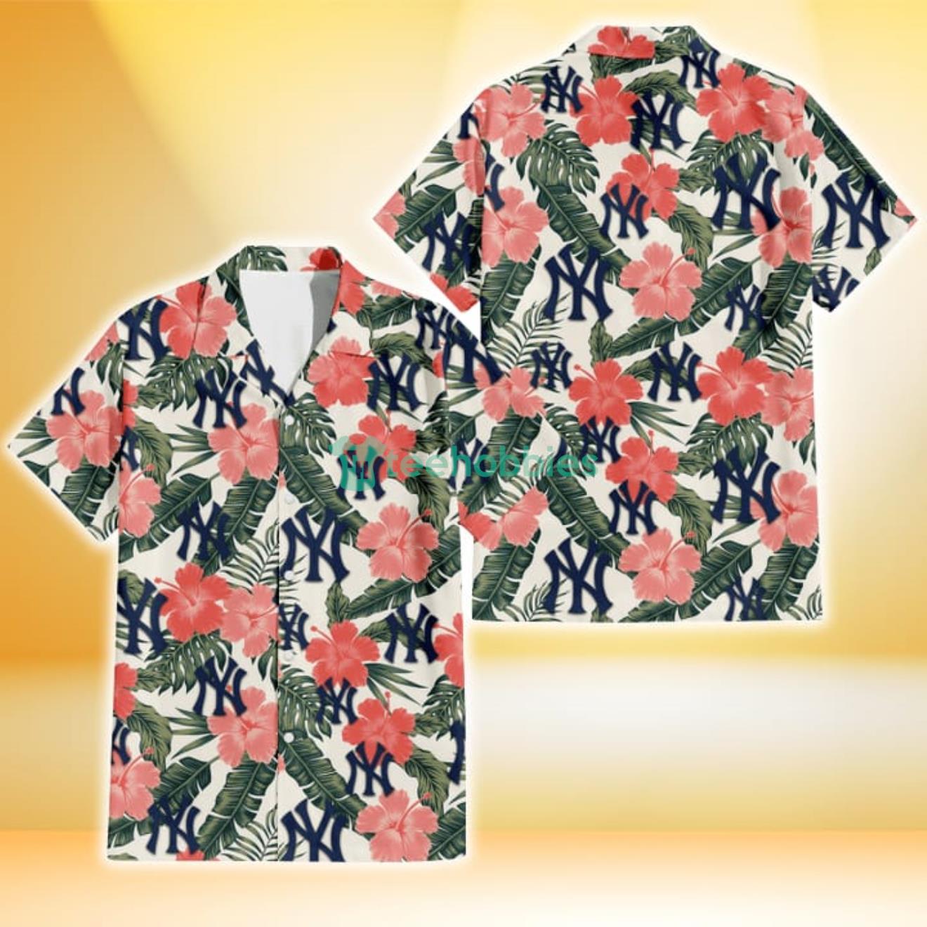 New York Yankees Pink Coral Hibiscus Banana Leaf Beige Background 3D Hawaiian Shirt Gift For Fans Product Photo 1