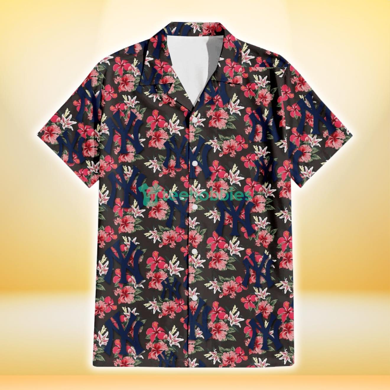 New York Yankees Pink Hibiscus Orchid Brown Background 3D Hawaiian Shirt Gift For Fans Product Photo 2