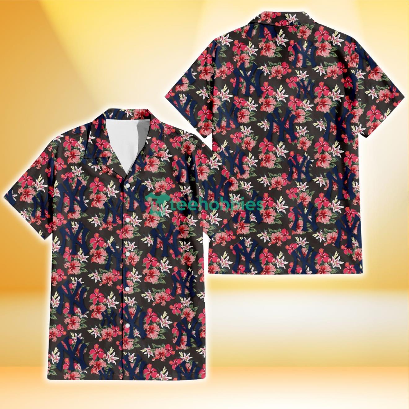 New York Yankees Pink Hibiscus Orchid Brown Background 3D Hawaiian Shirt Gift For Fans Product Photo 1