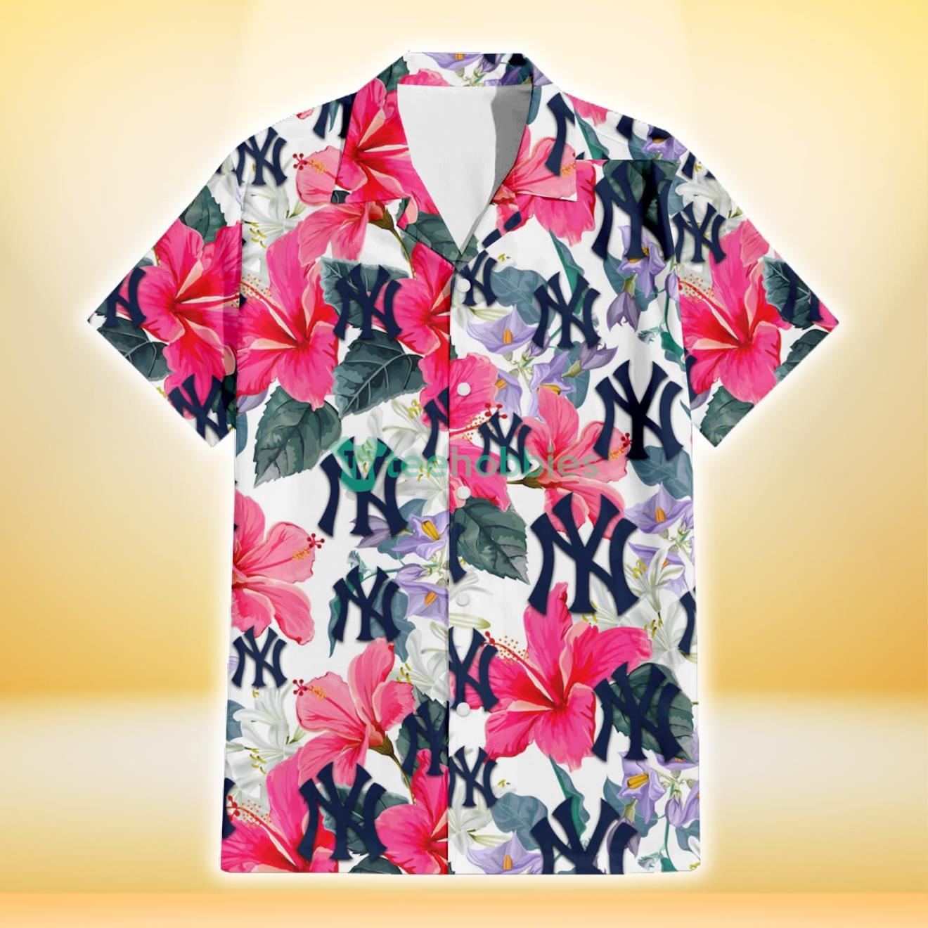 New York Yankees Pink Hibiscus White Orchid White Background 3D Hawaiian Shirt Gift For Fans Product Photo 2