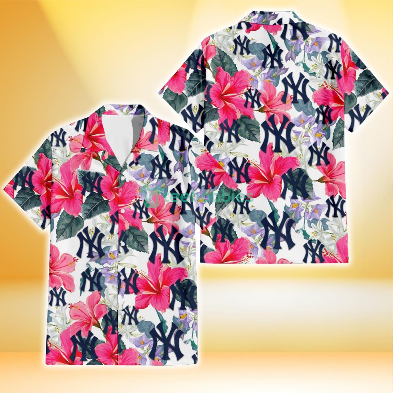 New York Yankees Pink Hibiscus White Orchid White Background 3D Hawaiian Shirt Gift For Fans Product Photo 1