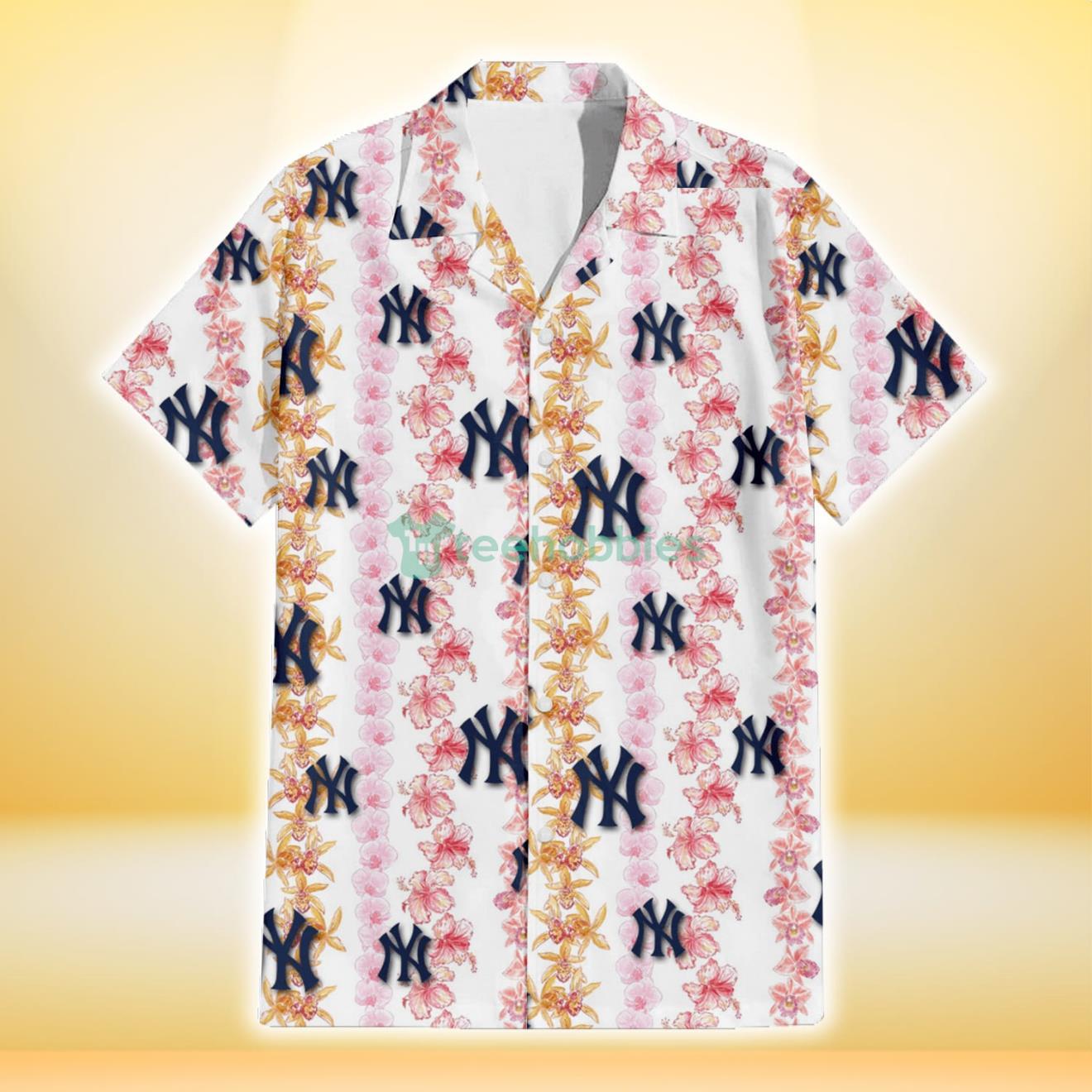 New York Yankees Pink Hibiscus Yellow Pink Orchid White Background 3D Hawaiian Shirt Gift For Fans Product Photo 2