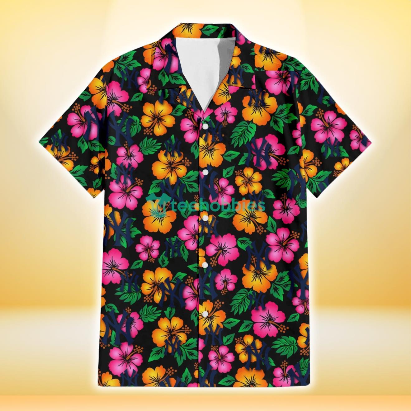 New York Yankees Pink Orange Black Background 3D Hawaiian Shirt Gift For Fans Product Photo 2