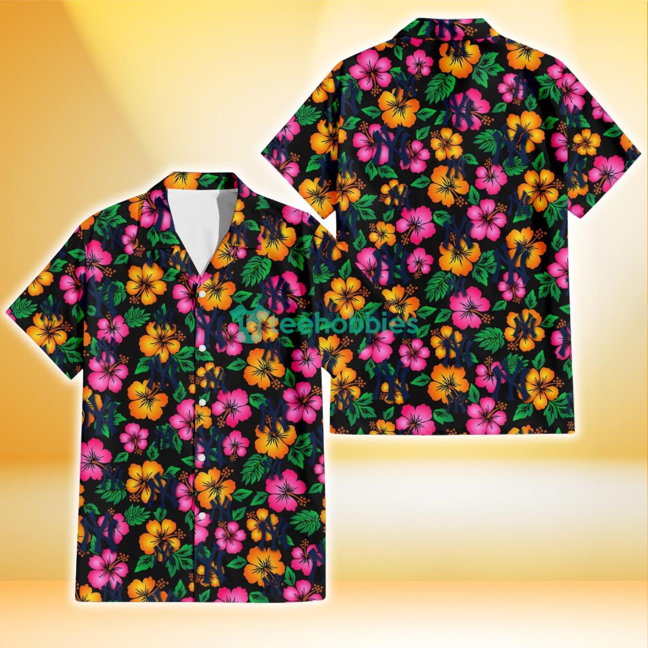 New York Yankees Pink Orange Black Background 3D Hawaiian Shirt Gift For Fans Product Photo 1