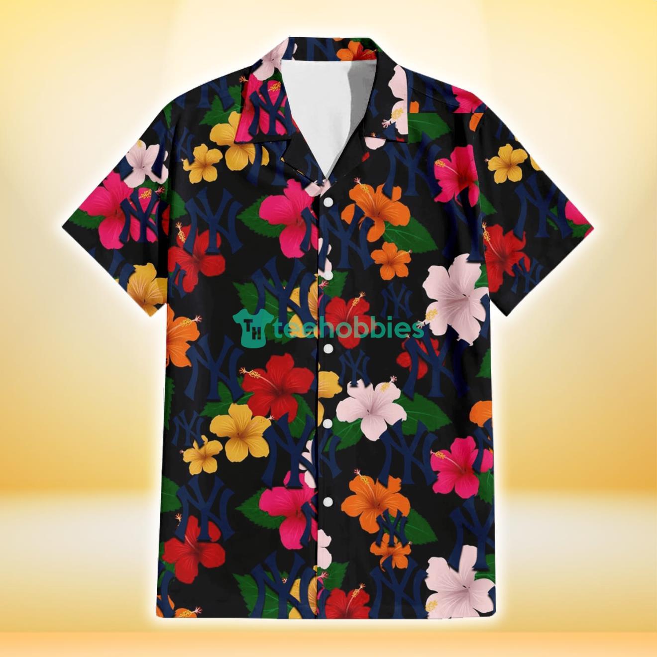 New York Yankees Pink Orange Yellow White Hibiscus Black Background 3D Hawaiian Shirt Gift For Fans Product Photo 2
