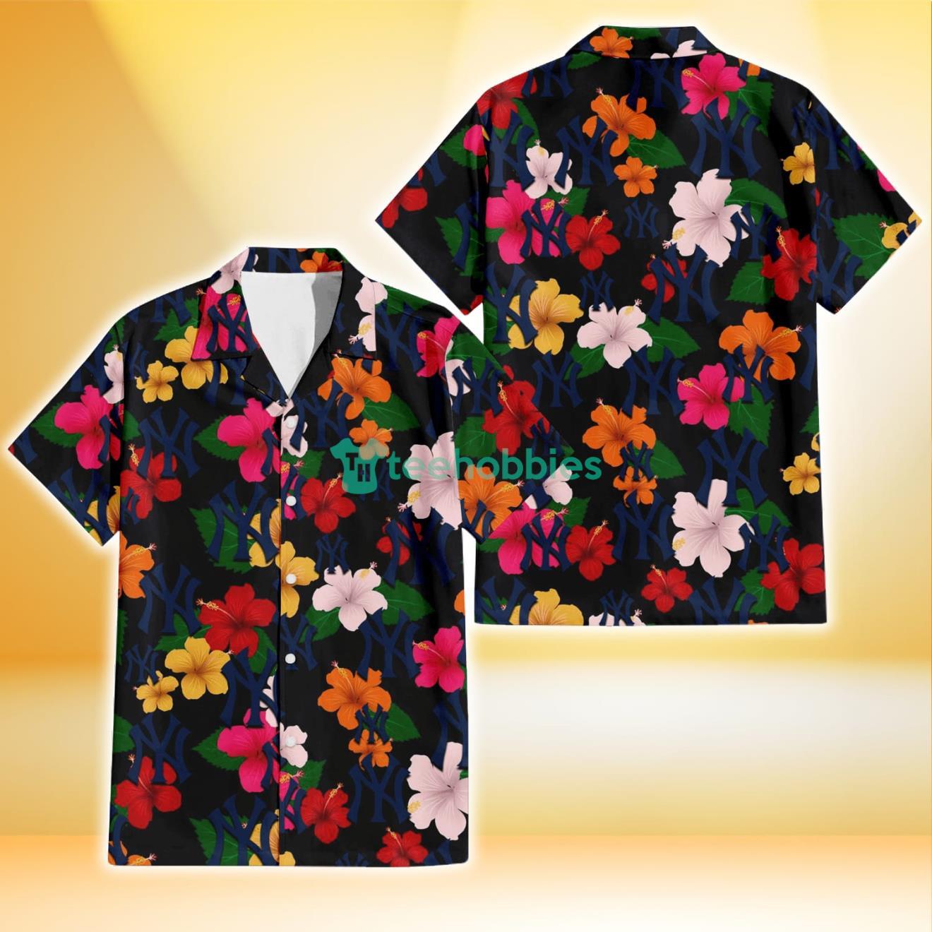 New York Yankees Pink Orange Yellow White Hibiscus Black Background 3D Hawaiian Shirt Gift For Fans Product Photo 1