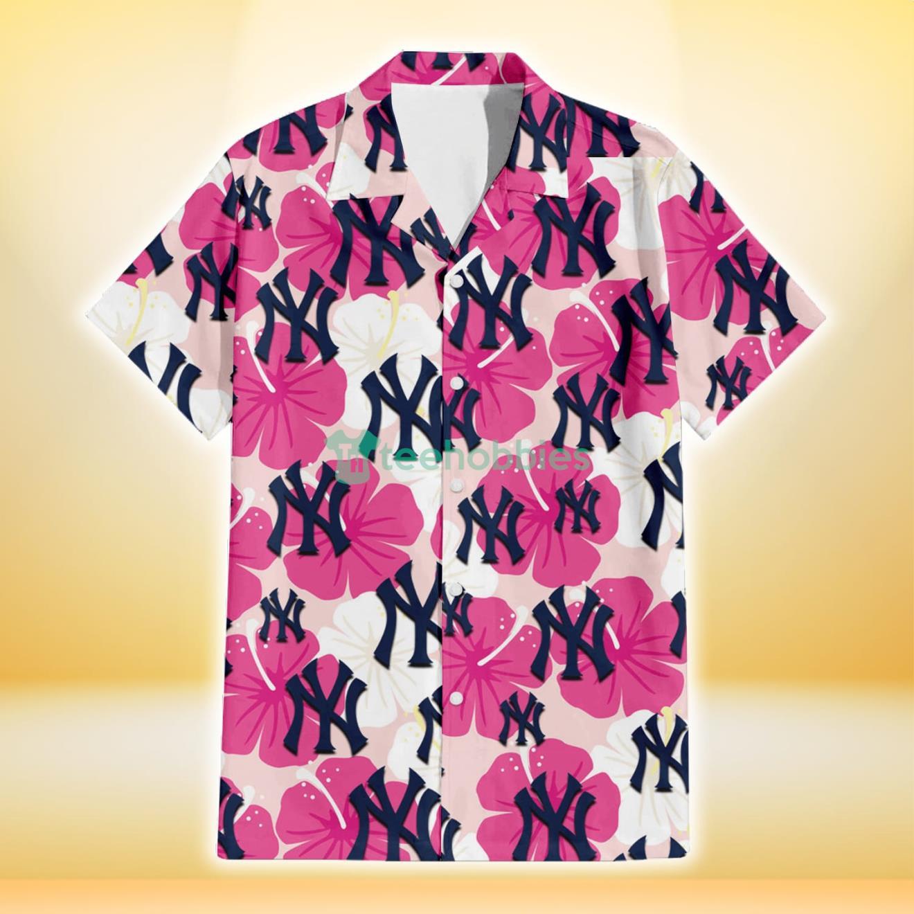 New York Yankees Pink White Hibiscus Misty Rose Background 3D Hawaiian Shirt Gift For Fans Product Photo 2