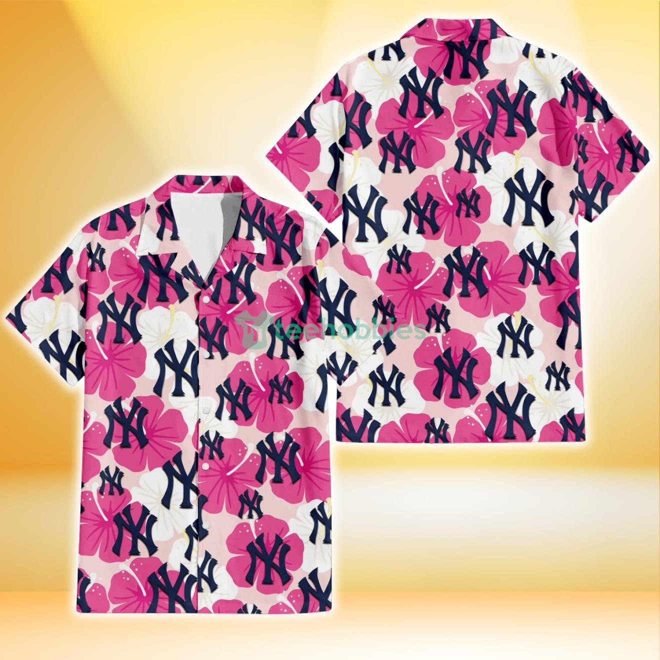 New York Yankees Pink White Hibiscus Misty Rose Background 3D Hawaiian Shirt Gift For Fans Product Photo 1