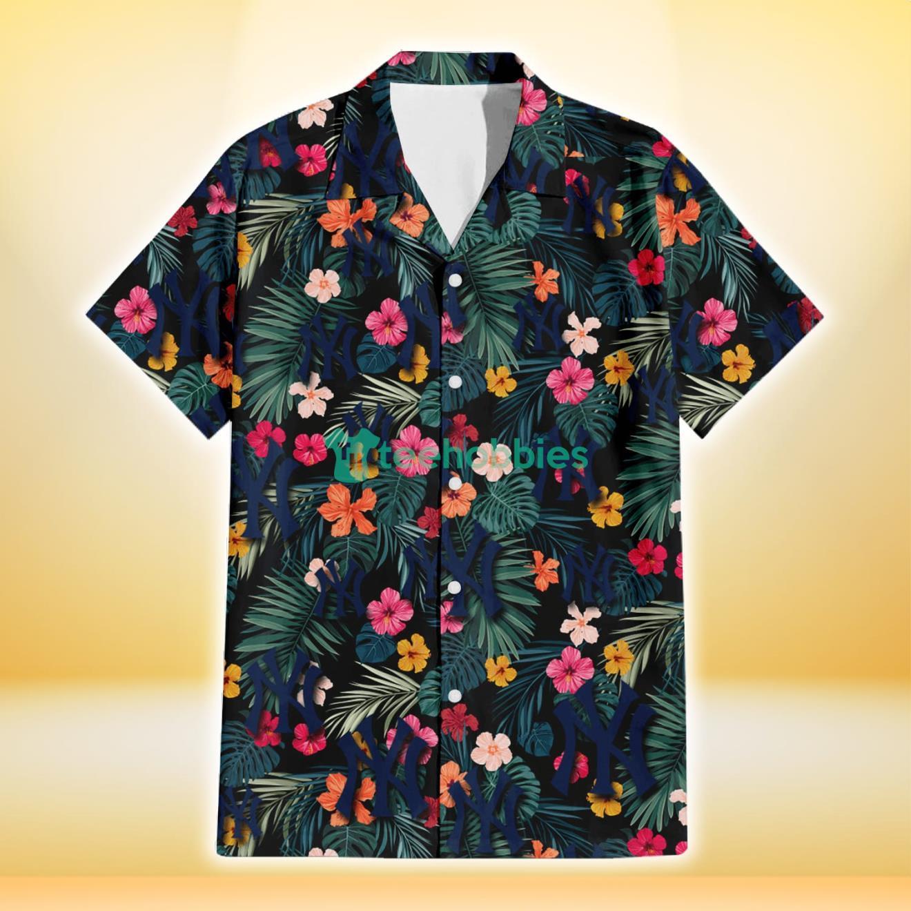 New York Yankees Pink Yellow Orange Hibiscus Big Tropical Leaf Black Background 3D Hawaiian Shirt Gift For Fans Product Photo 2