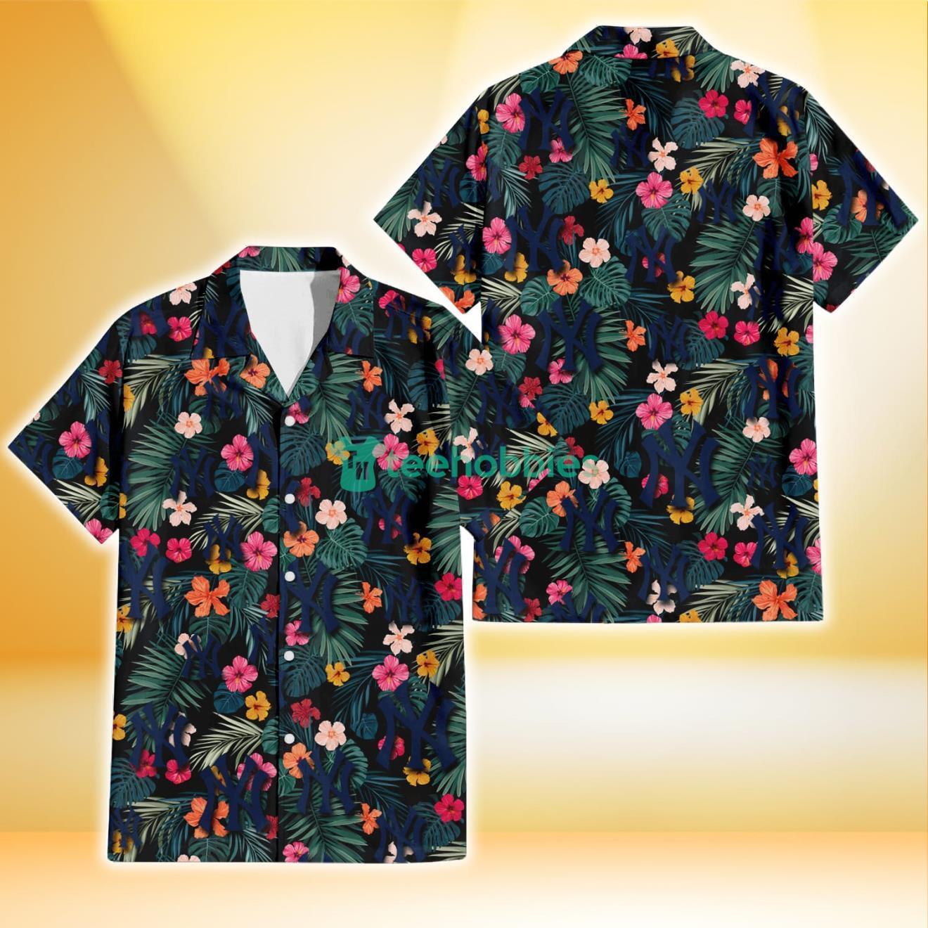 New York Yankees Pink Yellow Orange Hibiscus Big Tropical Leaf Black Background 3D Hawaiian Shirt Gift For Fans Product Photo 1