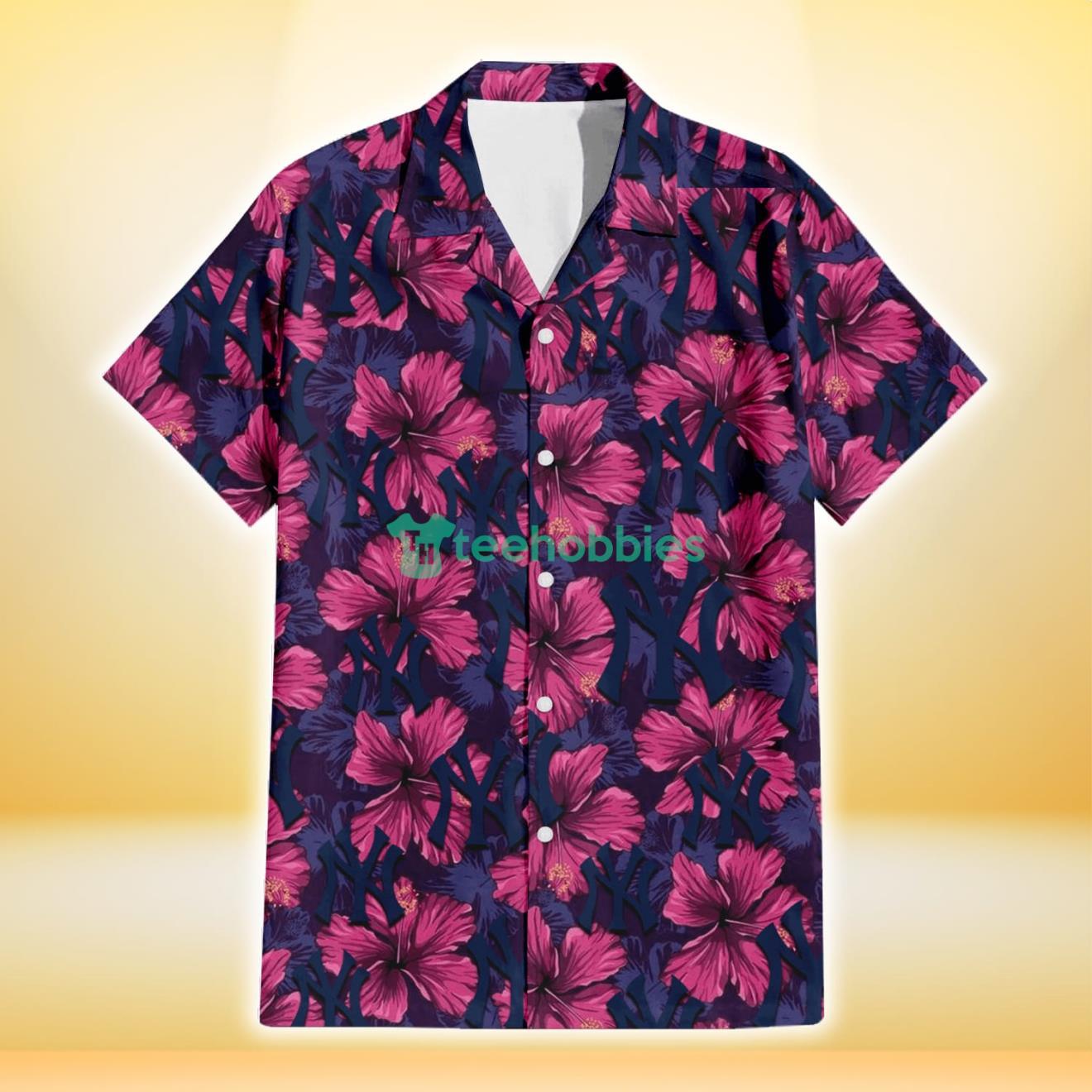 New York Yankees Plum Vilolet Hibiscus Dark Navy Leaf Black 3D Hawaiian Shirt Gift For Fans Product Photo 2