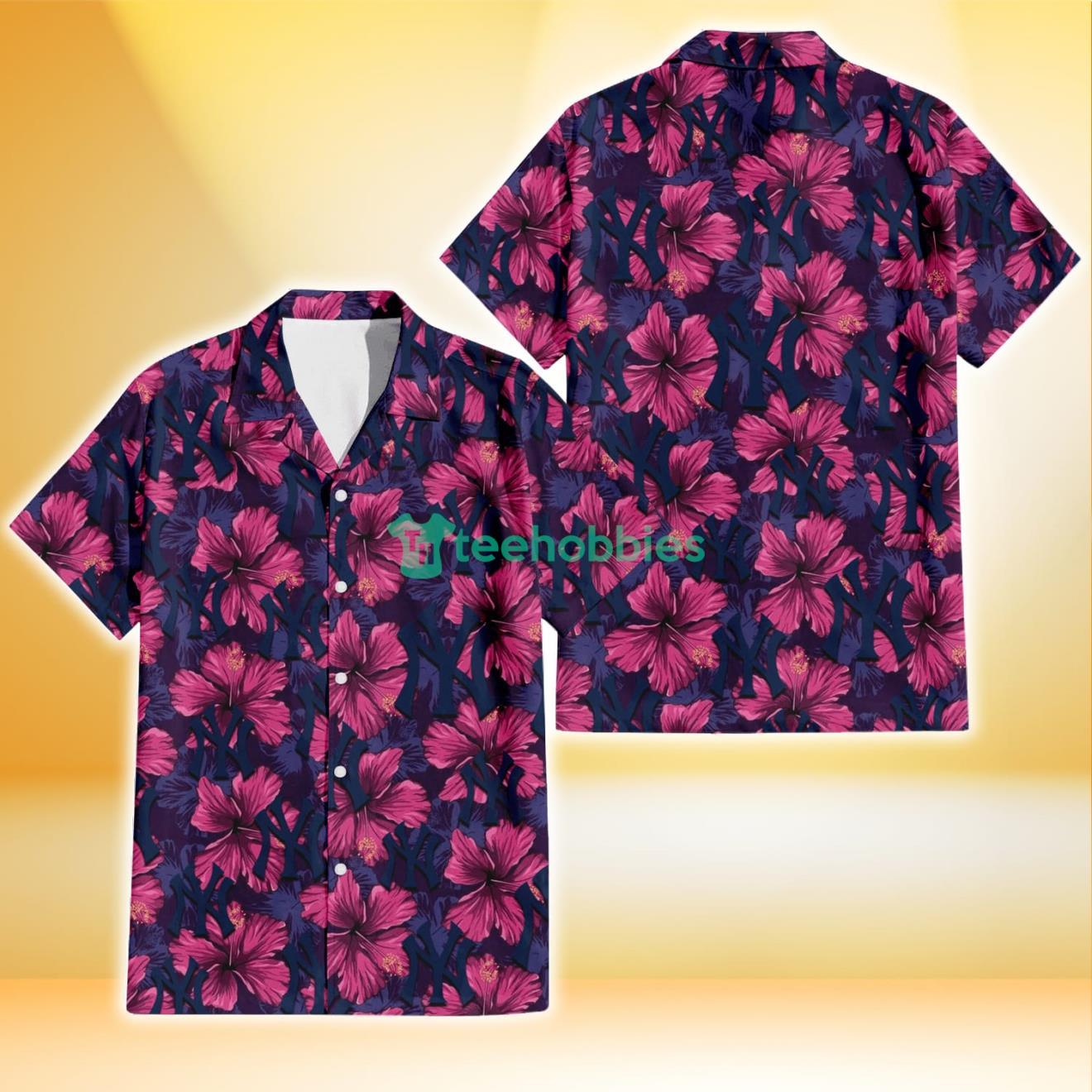 New York Yankees Plum Vilolet Hibiscus Dark Navy Leaf Black 3D Hawaiian Shirt Gift For Fans Product Photo 1