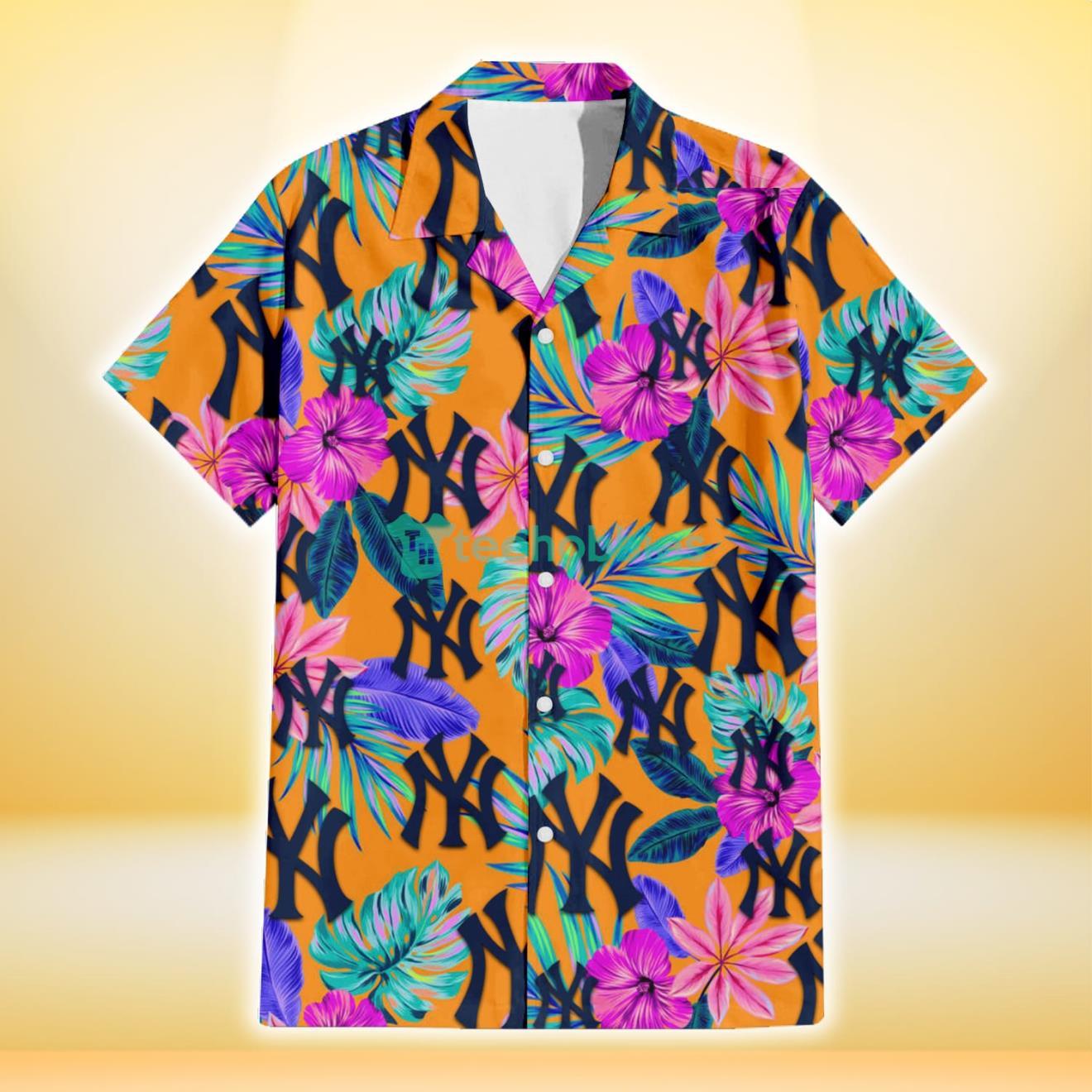 New York Yankees Purple Hibiscus Neon Leaf Orange Background 3D Hawaiian Shirt Gift For Fans Product Photo 2