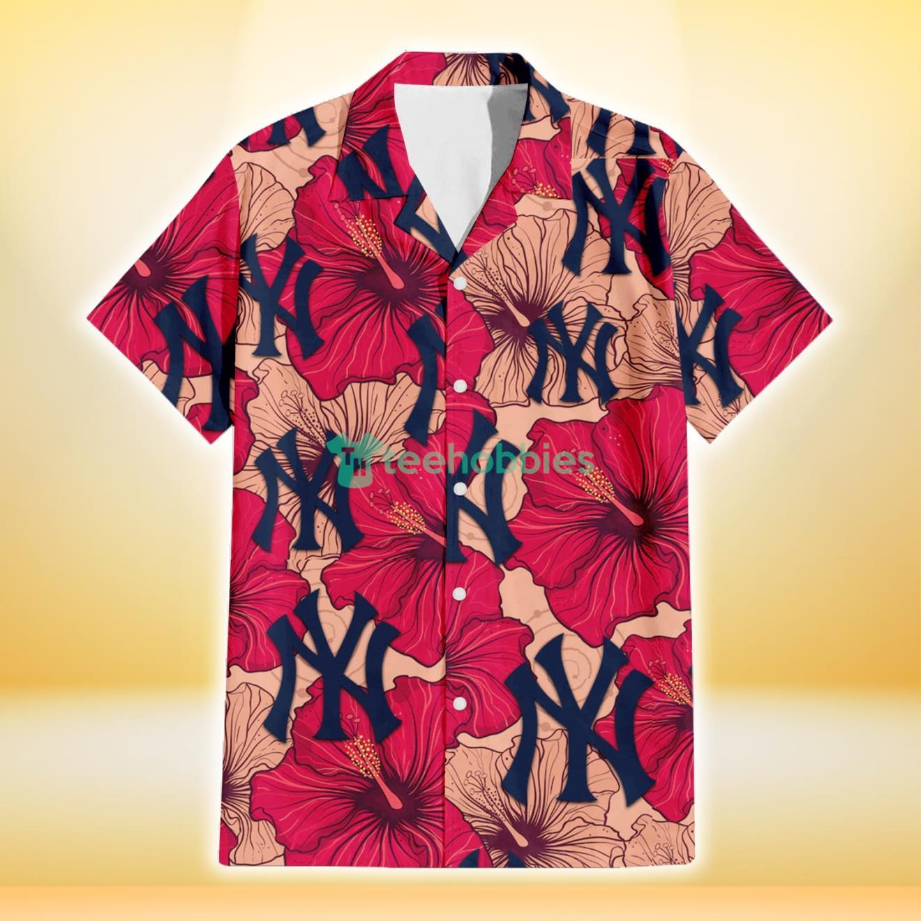 New York Yankees Red Beige Hibiscus Beige Background 3D Hawaiian Shirt Gift For Fans Product Photo 2