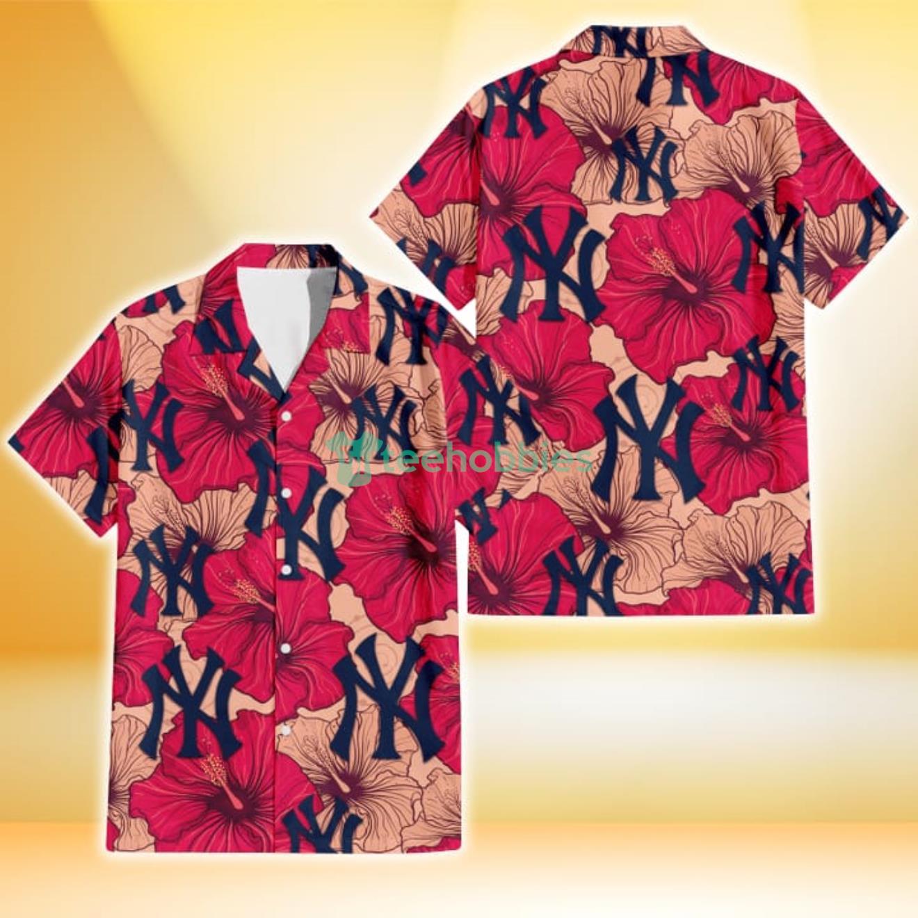 New York Yankees Red Beige Hibiscus Beige Background 3D Hawaiian Shirt Gift For Fans Product Photo 1