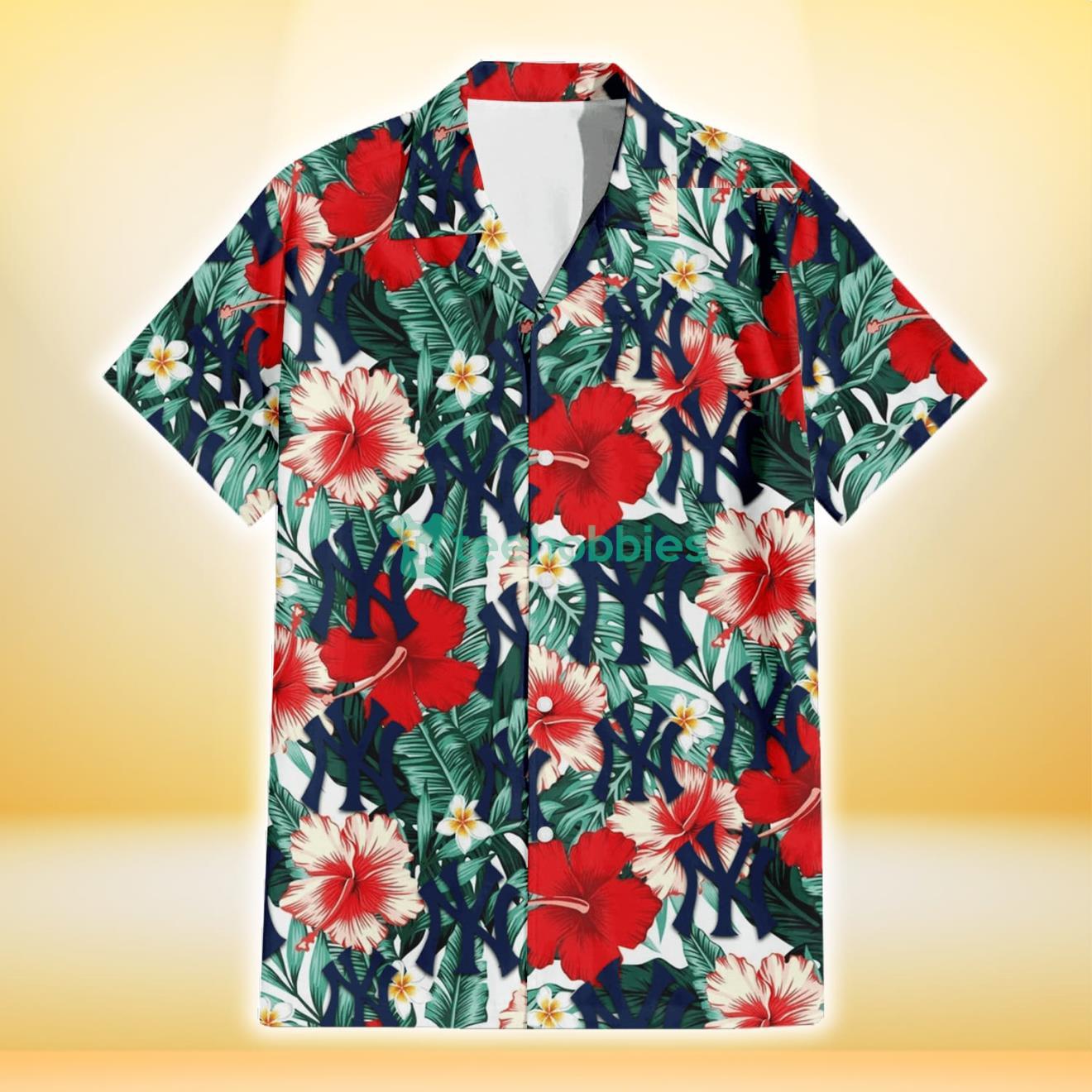 New York Yankees Red Coral Hibiscus White Porcelain Flower Banana Leaf 3D Hawaiian Shirt Gift For Fans Product Photo 2