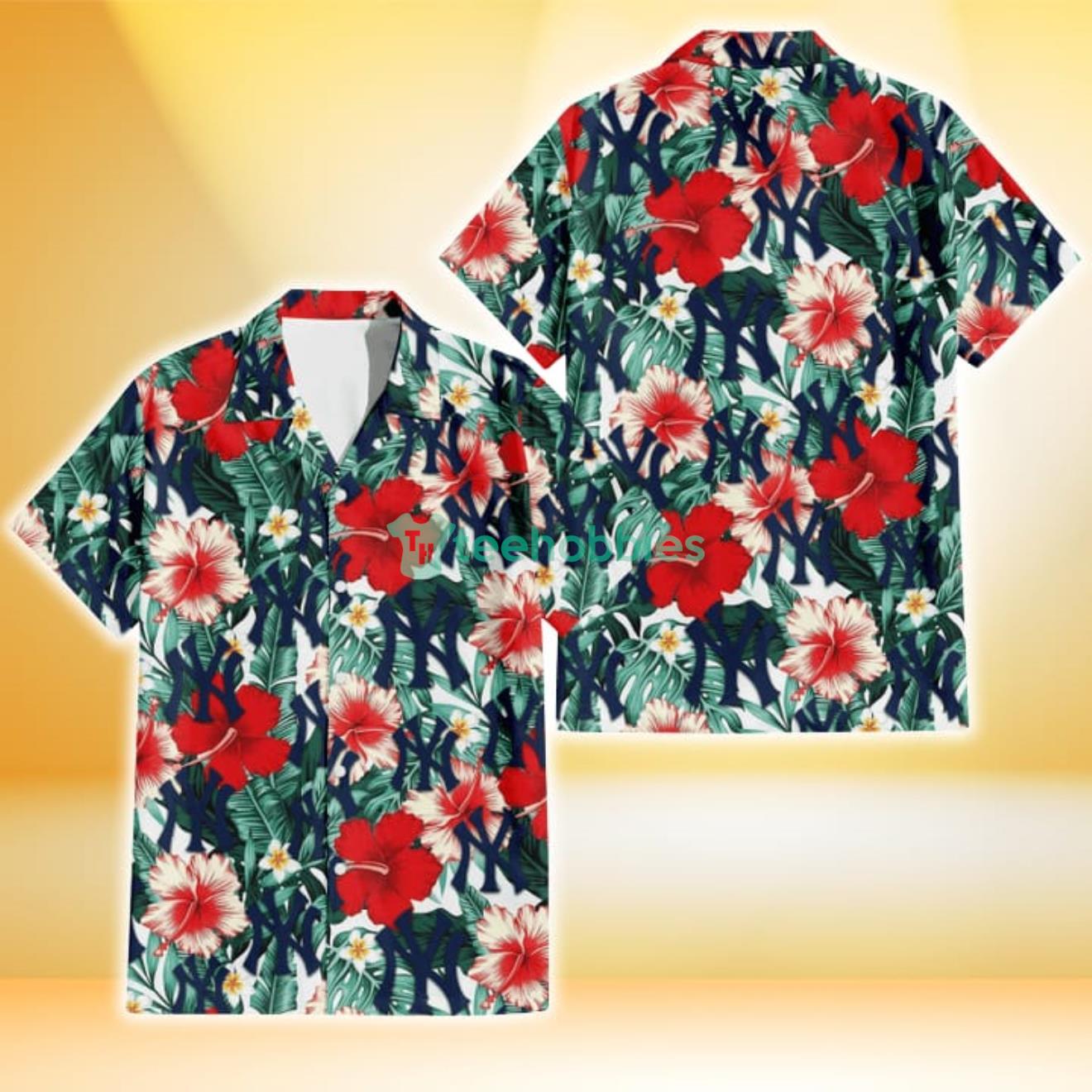 New York Yankees Red Coral Hibiscus White Porcelain Flower Banana Leaf 3D Hawaiian Shirt Gift For Fans Product Photo 1