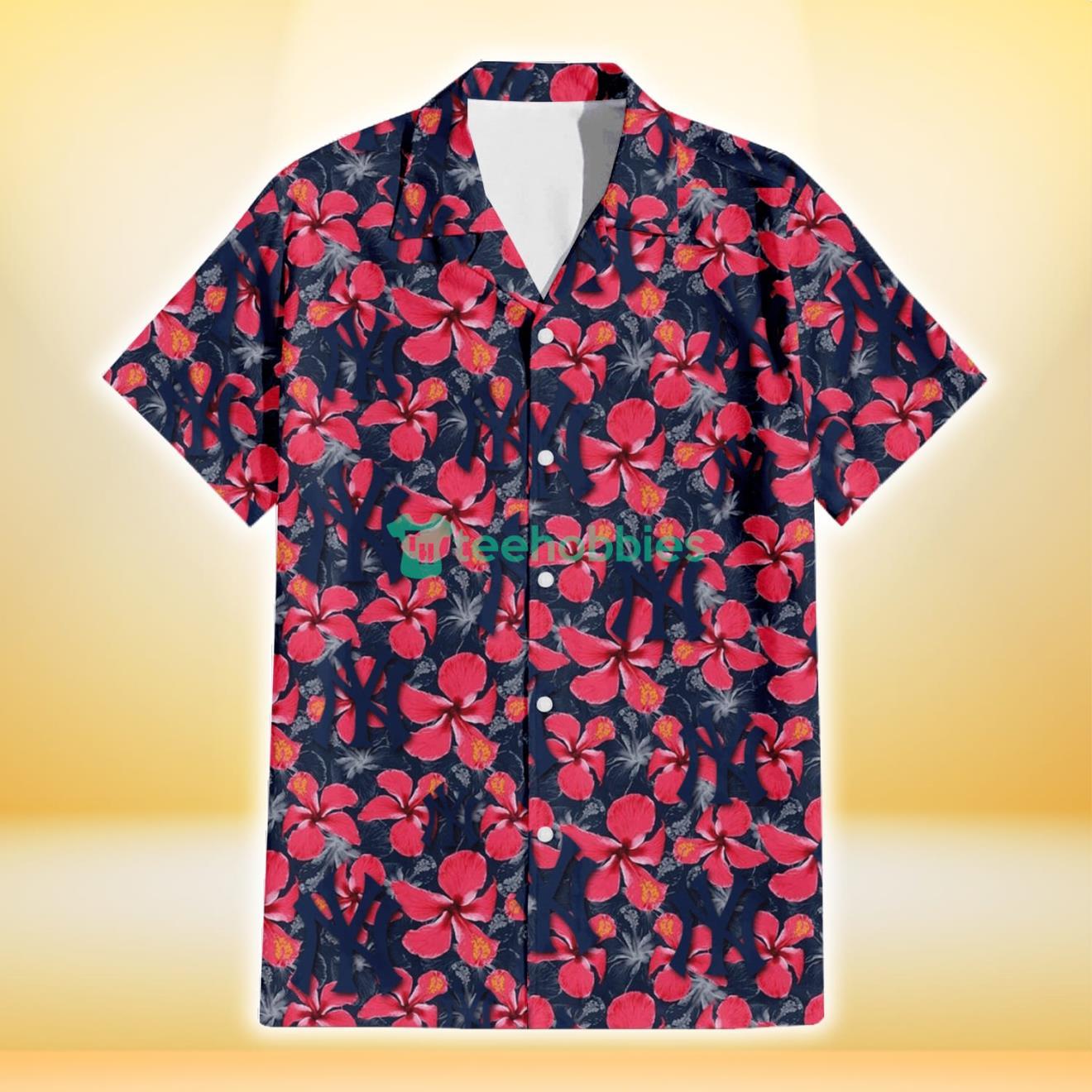 New York Yankees Red Hibiscus Dark Gray Background 3D Hawaiian Shirt Gift For Fans Product Photo 2