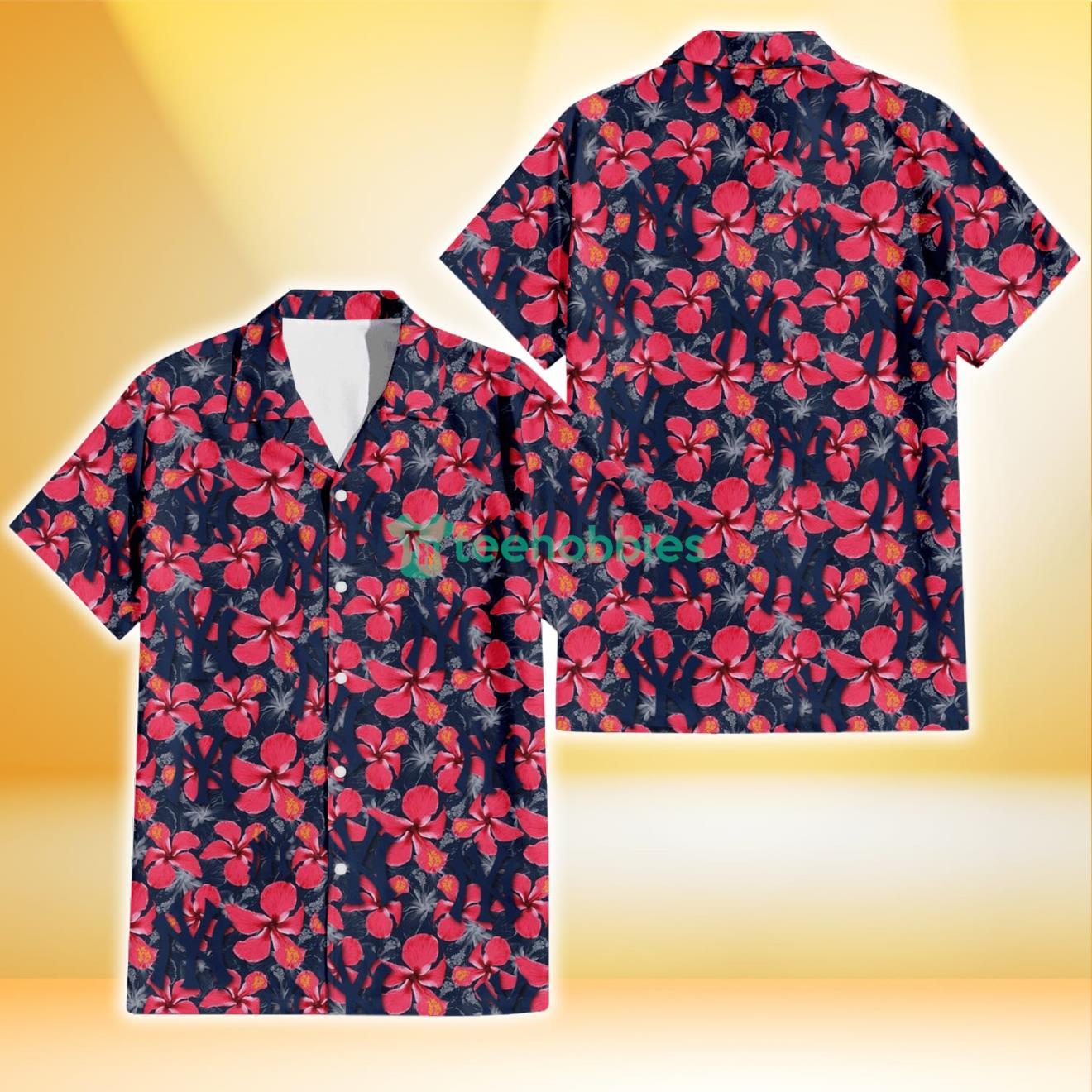 New York Yankees Red Hibiscus Dark Gray Background 3D Hawaiian Shirt Gift For Fans Product Photo 1