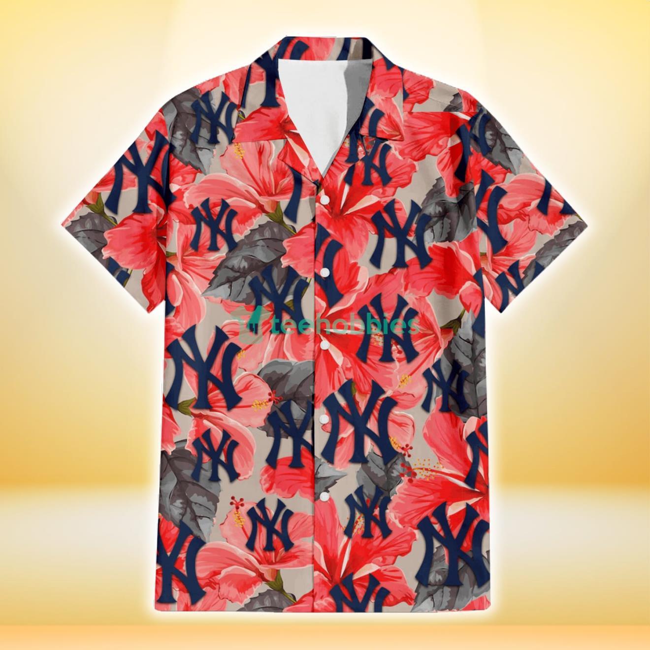 New York Yankees Red Hibiscus Gray Leaf Beige Background 3D Hawaiian Shirt Gift For Fans Product Photo 2