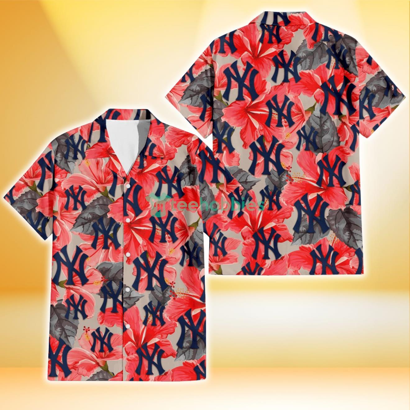 New York Yankees Red Hibiscus Gray Leaf Beige Background 3D Hawaiian Shirt Gift For Fans Product Photo 1