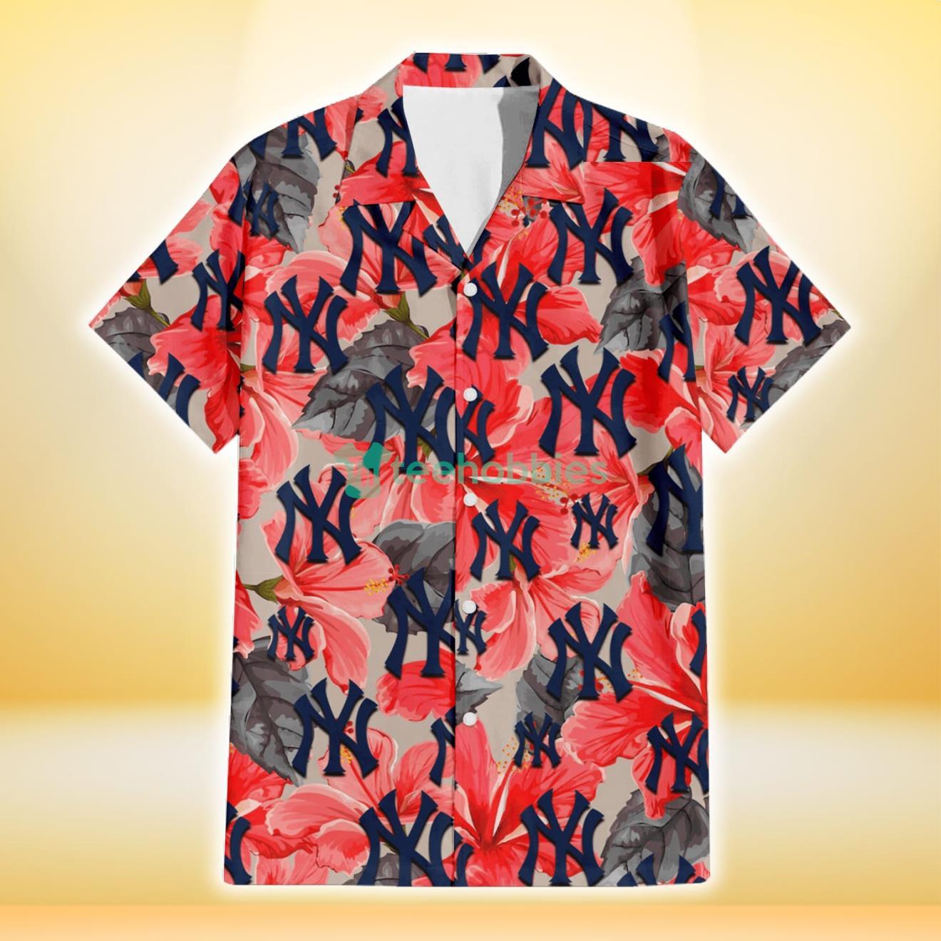 New York Yankees Red Hibiscus Gray Leaf Gainsboro Background 3D Hawaiian Shirt Gift For Fans Product Photo 2