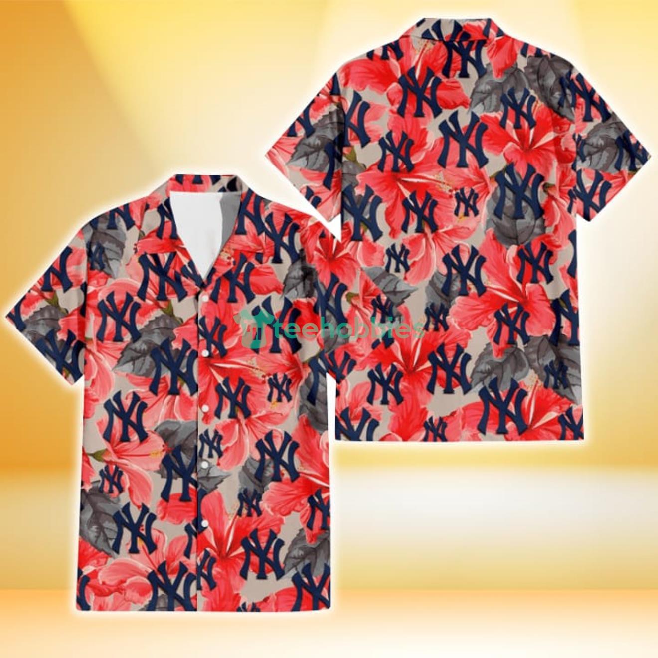 New York Yankees Red Hibiscus Gray Leaf Gainsboro Background 3D Hawaiian Shirt Gift For Fans Product Photo 1