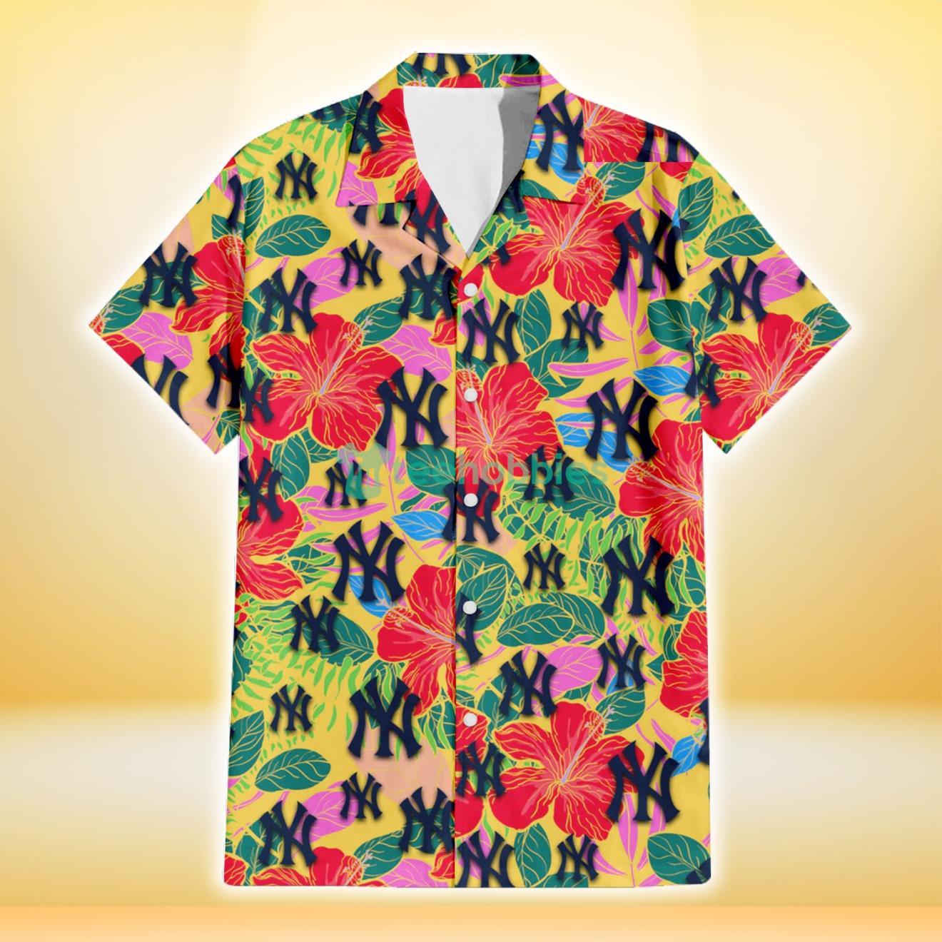 New York Yankees Red Hibiscus Green Blue Leaf Yellow Background 3D Hawaiian Shirt Gift For Fans Product Photo 2