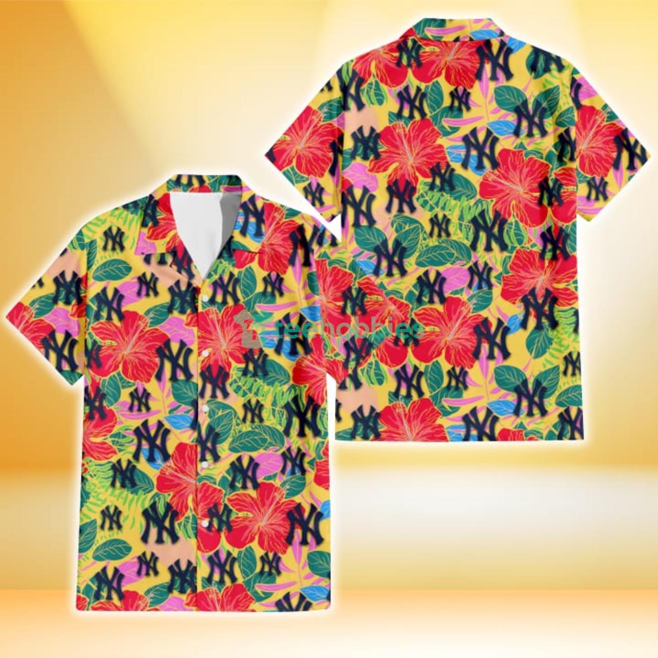 New York Yankees Red Hibiscus Green Blue Leaf Yellow Background 3D Hawaiian Shirt Gift For Fans Product Photo 1