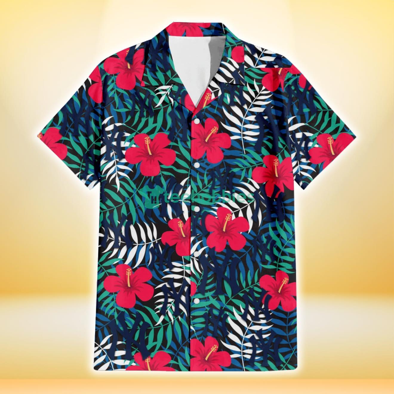 New York Yankees Red Hibiscus Green Blue White Leaf Black Background 3D Hawaiian Shirt Gift For Fans Product Photo 2