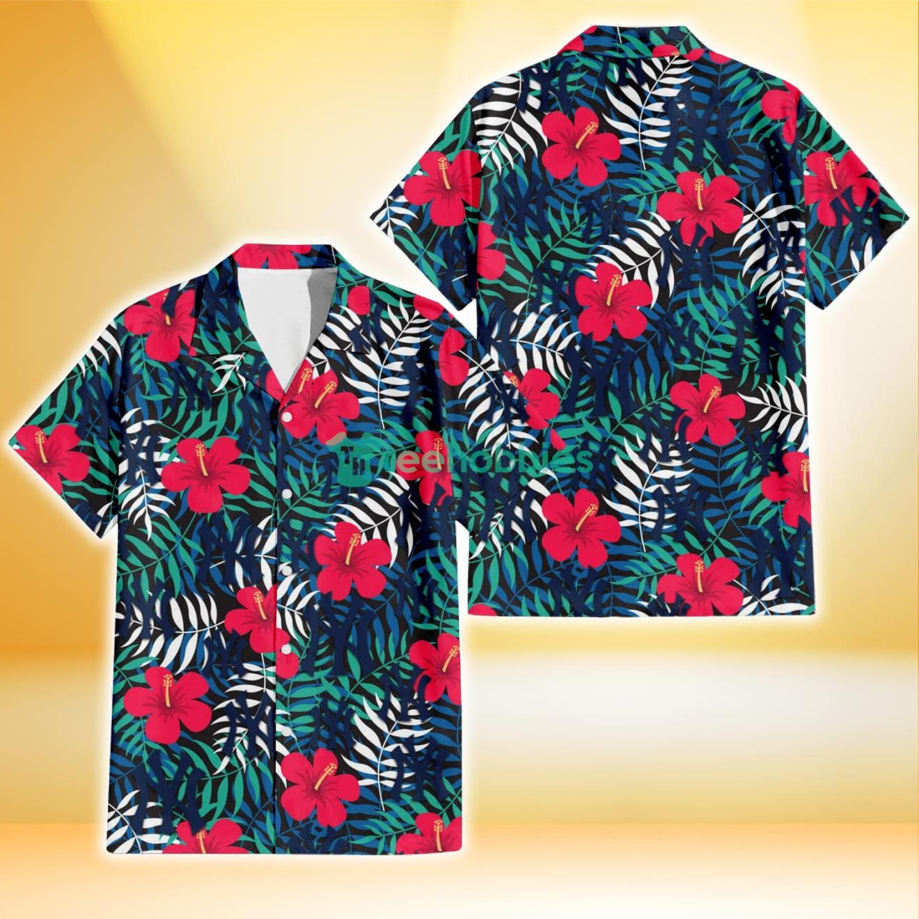 New York Yankees Red Hibiscus Green Blue White Leaf Black Background 3D Hawaiian Shirt Gift For Fans Product Photo 1
