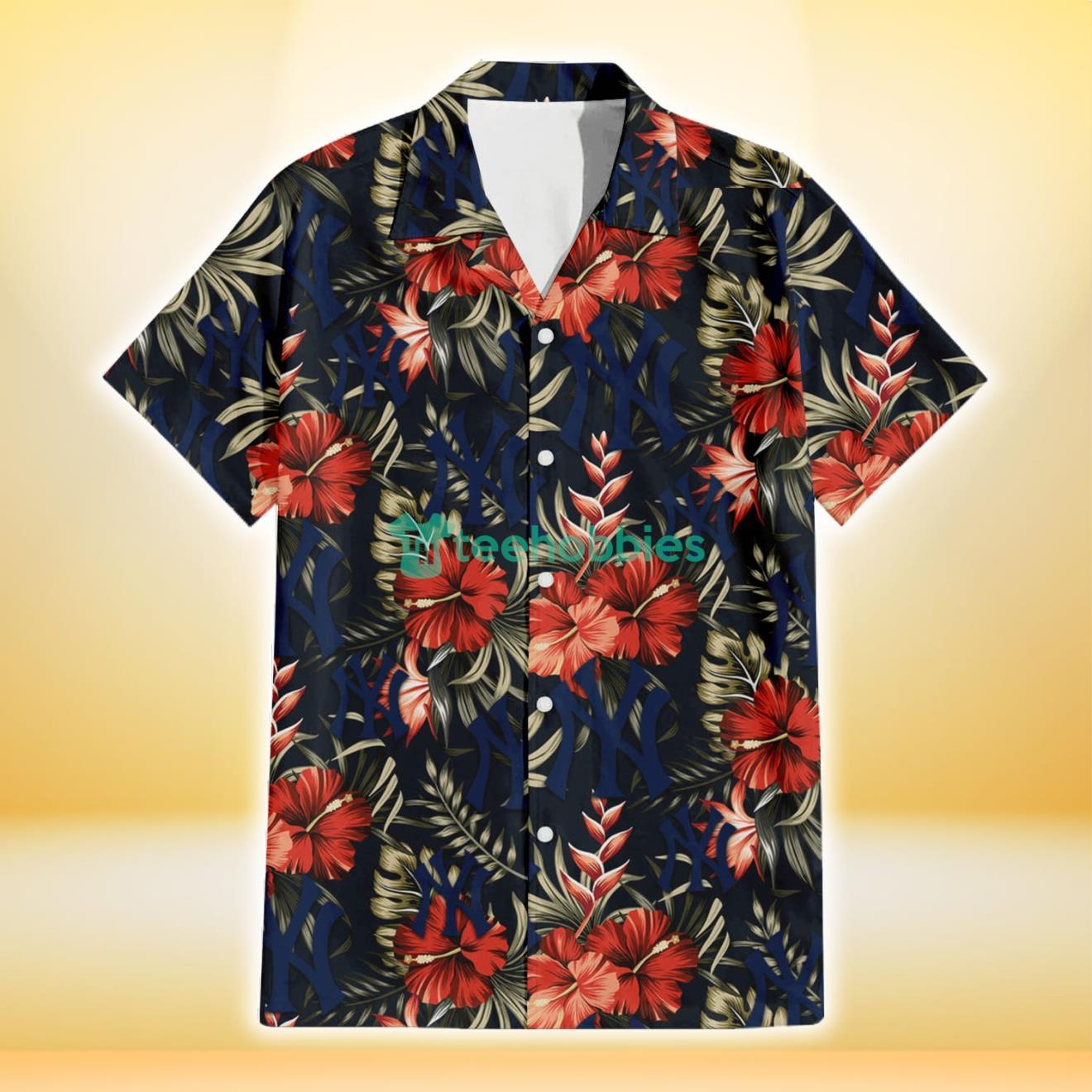 New York Yankees Red Hibiscus Green Leaf Dark Background 3D Hawaiian Shirt Gift For Fans Product Photo 2
