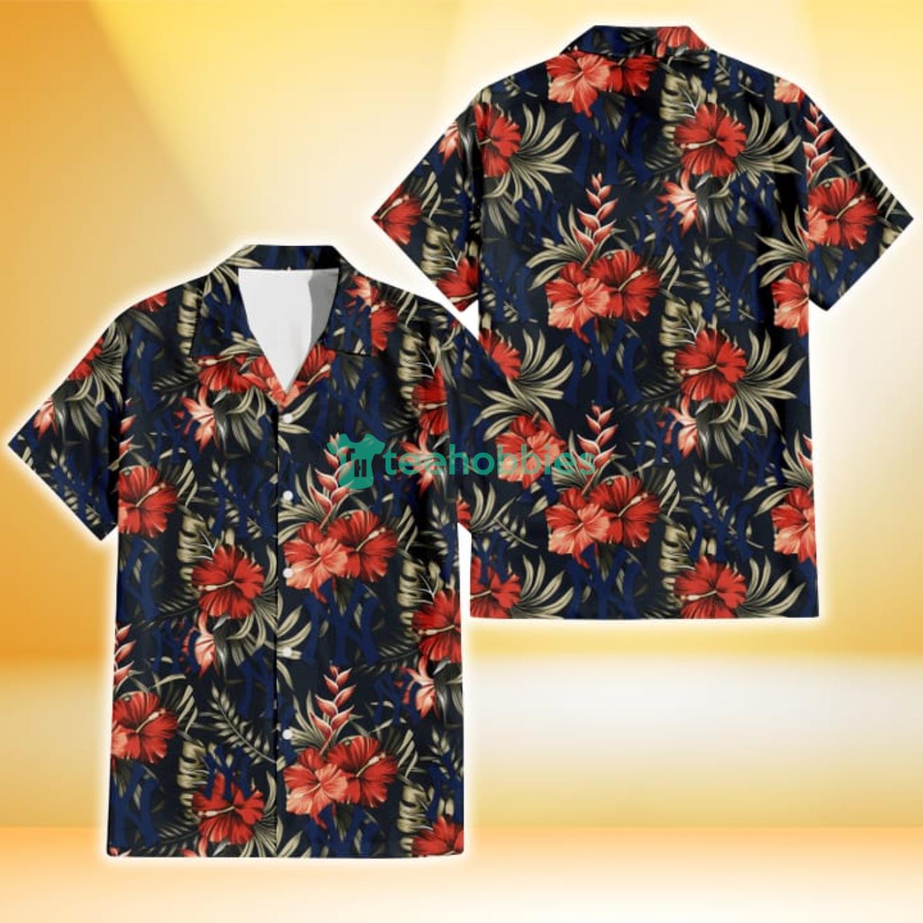 New York Yankees Red Hibiscus Green Leaf Dark Background 3D Hawaiian Shirt Gift For Fans Product Photo 1
