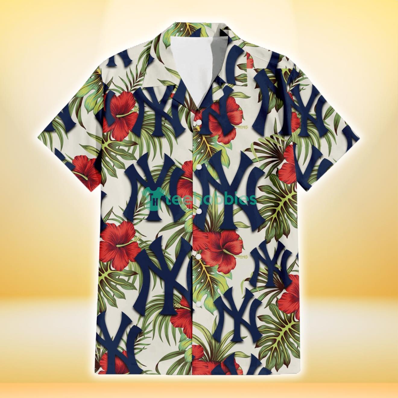 New York Yankees Red Hibiscus Green Tropical Leaf Cream Background 3D Hawaiian Shirt Gift For Fans Product Photo 2